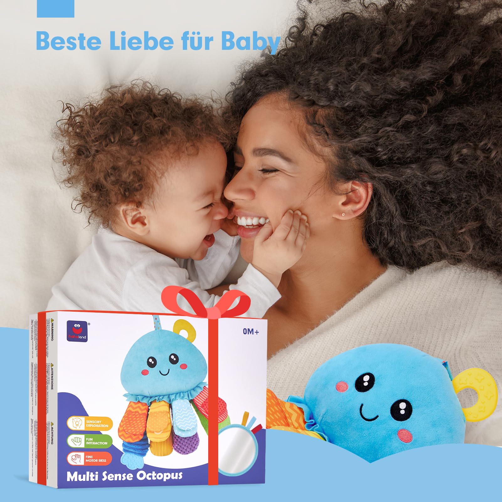 hahaland 2 in 1 Oktopus Baby Sensorik Spielzeug mit Rassel, Spiegel und Beißring, Montessori Greifling ab 0 3 6 Monaten, Neugeborene Geschenk, Bauchlage Spielzeug Tummy Time Toys, Jungen Mädchen