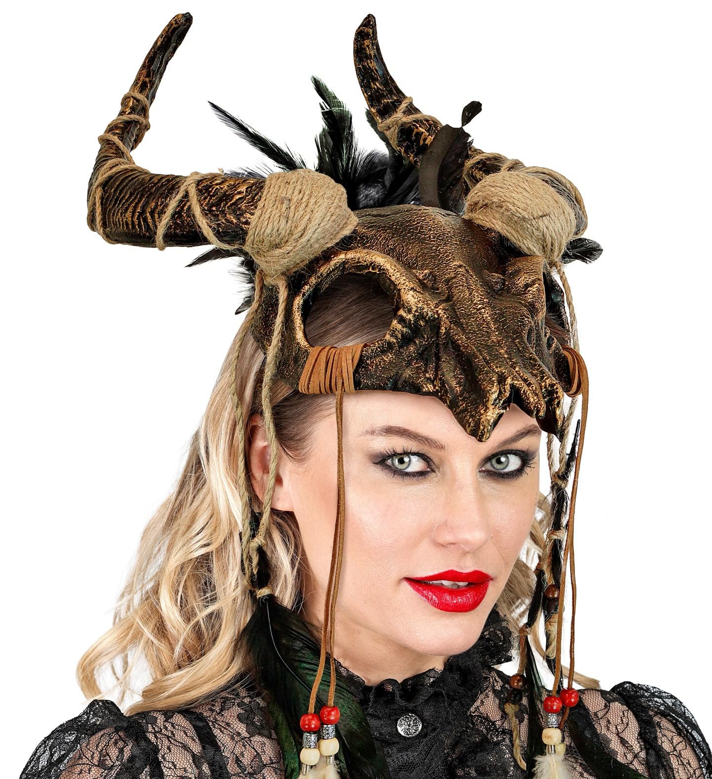 Headdress Animal Skull with Horns Feathers Beads Voodoo Priest Mask Warrior Shaman Barbarian Colour: Bronze