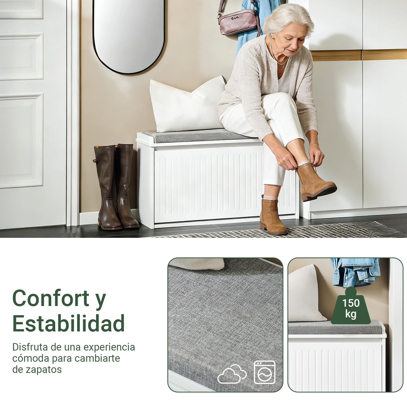 SoBuy Banco Zapatero con Asiento 80x26x45cm para Recibidor | Zapatero entrada para 6-8 pares, 155kg de carga, diseño moderno blanco FSR98-L-W