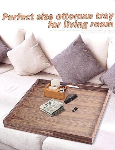 Miniatura 4 de EXISTING Bandeja de 23 x 23 pulgadas para otomana, bandeja grande de madera con asas, bandeja cuadrada marrón de nogal decorativo, para desayuno en