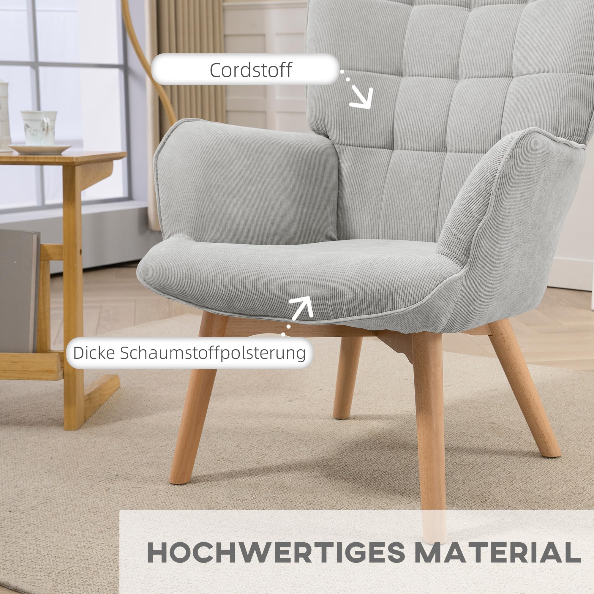 HOMCOM Ohrensessel mit Hocker Sessel Loungesessel mit Cord-Optik, Modern Relaxsessel, Armlehnensessel Lesesessel für Wohnzimmer, Schlafzimmer, Grau
