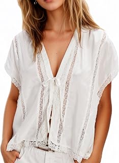 Womens Satin Lace Shirts Short Sleeve Button Up Chiffon Cardigan Tie Front Coquette Flowy Y2k Tops Clothes