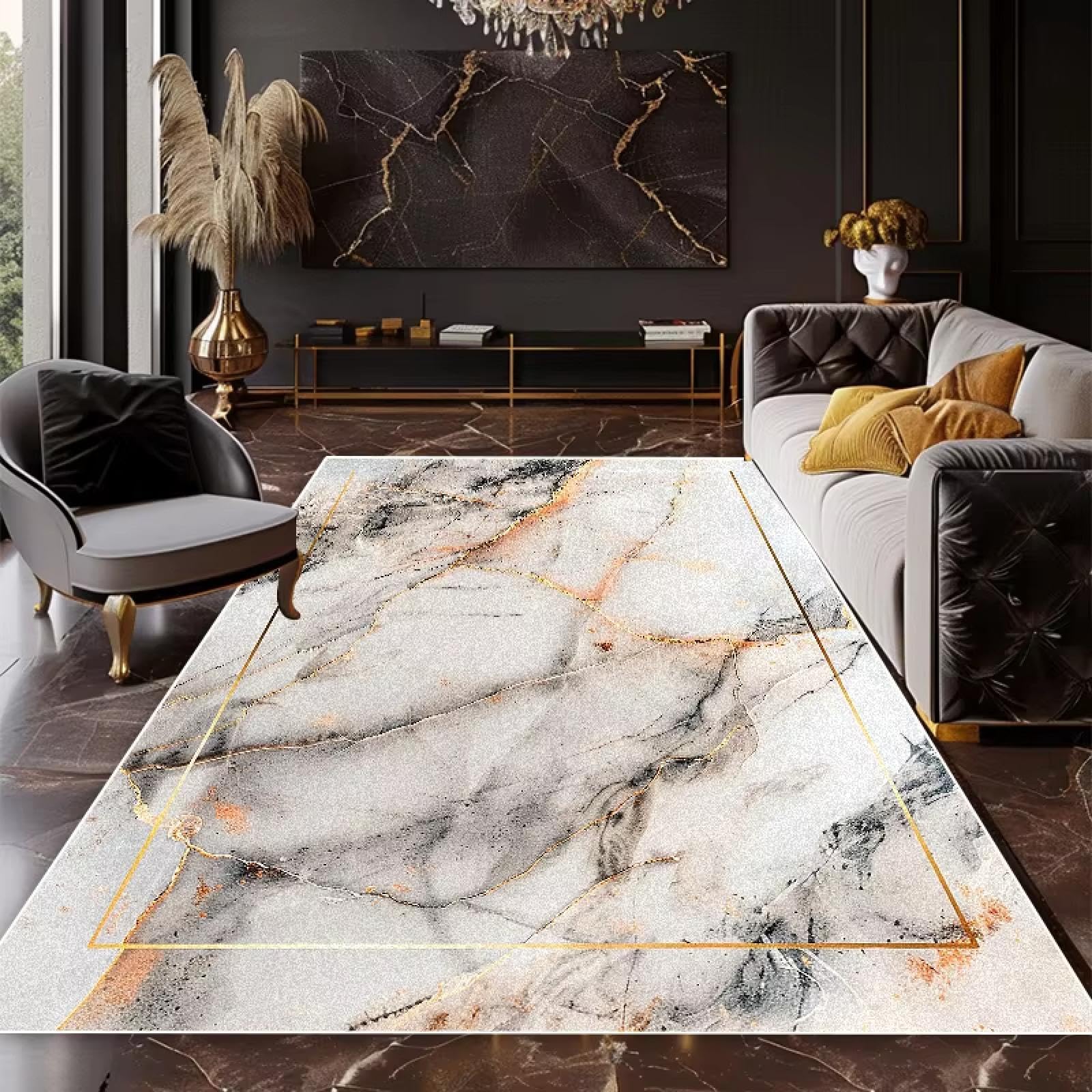 Alfombra de lujo jaspeada suave en negro y oro para decorar el dormitorio