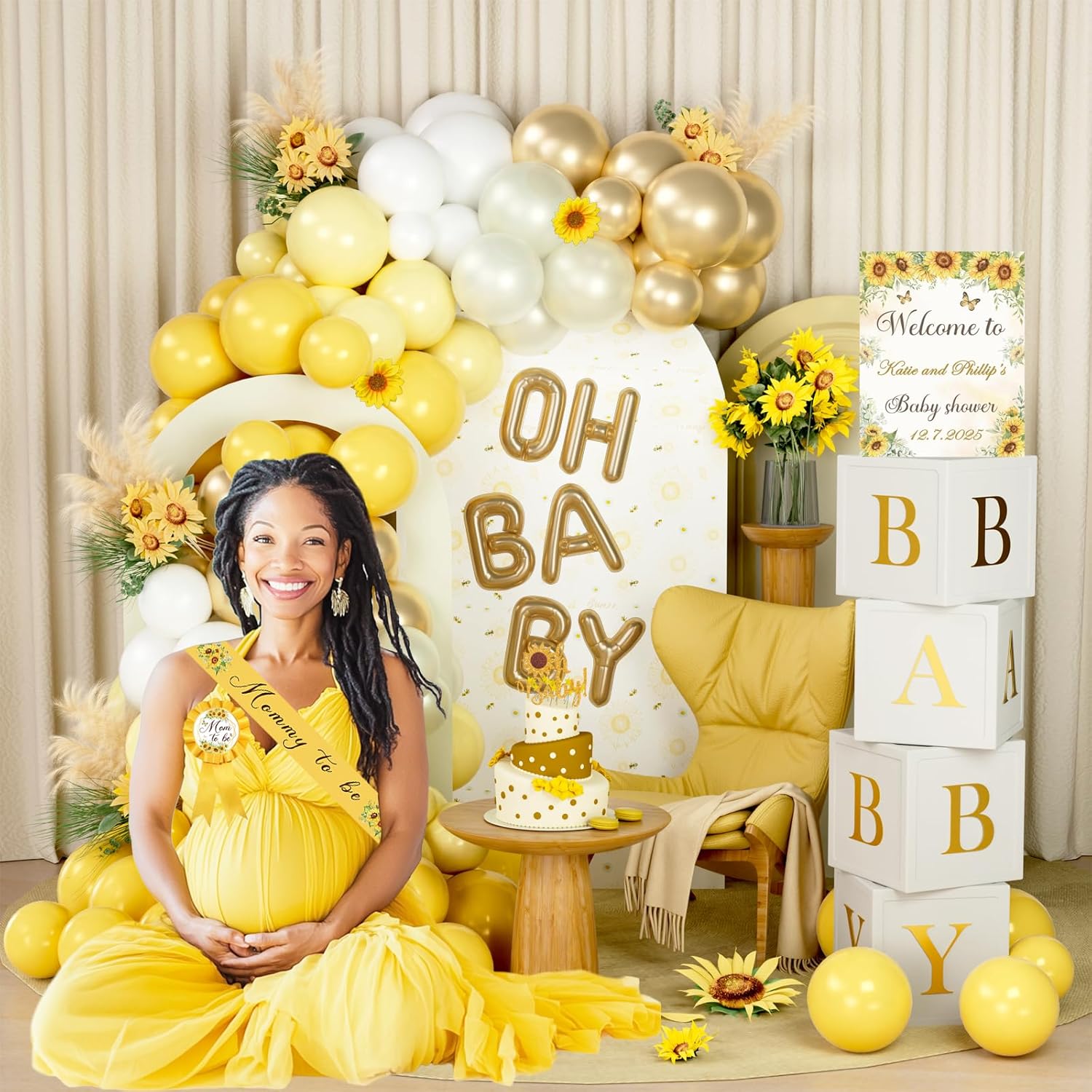 Sunflower Baby Shower Decorations, 159 PCs Yellow Flower Baby Shower Party Supplies with Backdrop, Balloon Garland, Artificial Sunflowers, Boxes, Mom to Be Sash, Headband