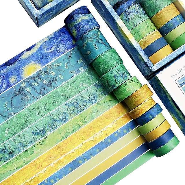 DAPUTOU Washi Tape Set of 12 Rolls,Van Gogh Starry Night Decorative Green Leaves Floral Blue Yellow Washi Masking Tape Sets for Craft,Kids,Scrapbook,DIY,Gift Wrapping(Yellow)