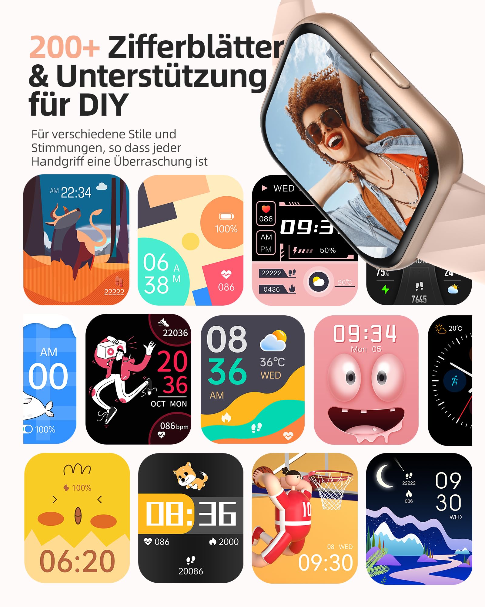 Parsonver Smartwatch Damen 5ATM Wasserdicht Sportuhr Schwimmen 1,8" HD Fitnessuhr 100+ Sportmodi Herzfrequenz Schlaftracking Android iOS Roségold FF2