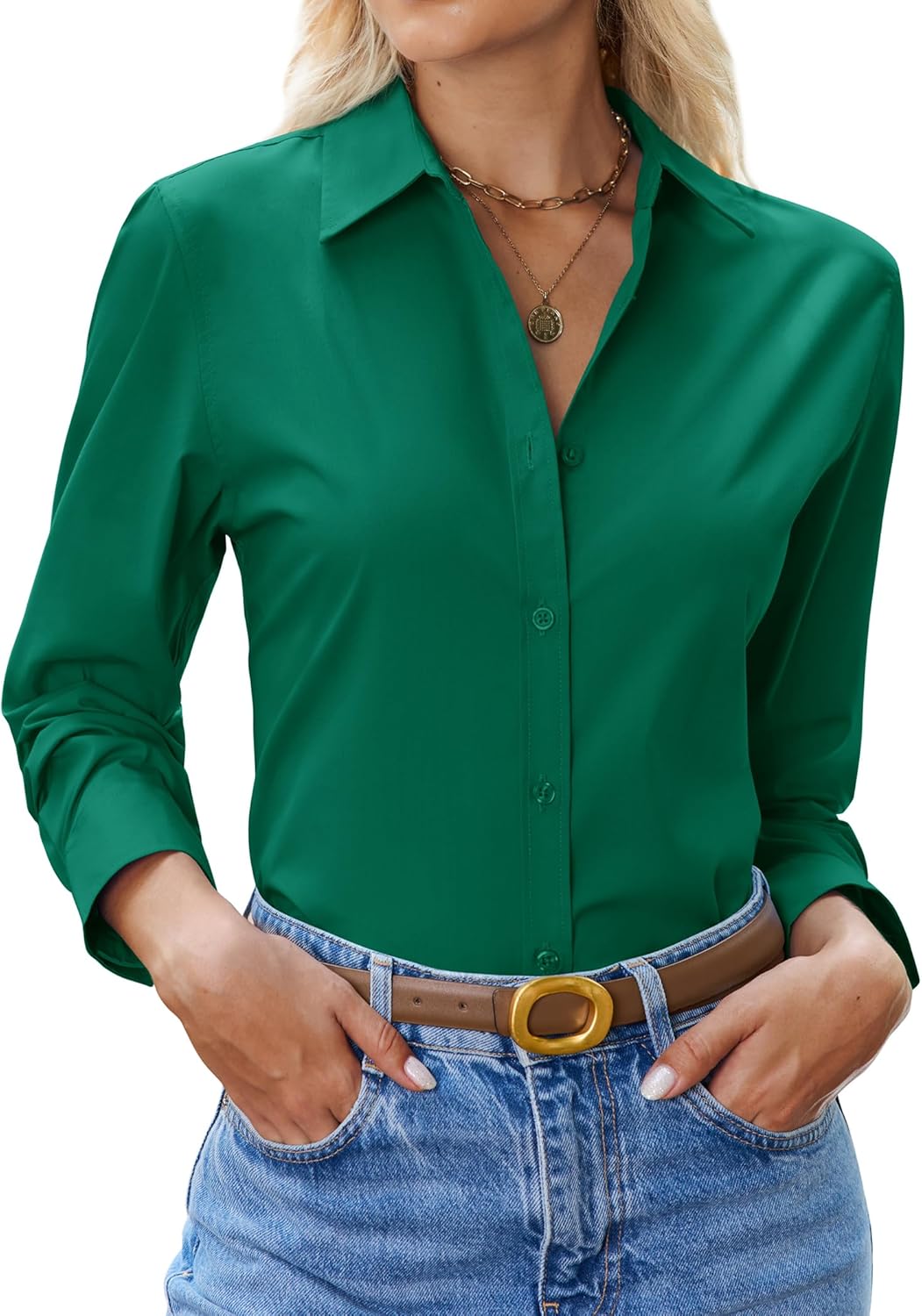 siliteelon Womens Button Down Shirt: Collared Dress Shirt Long Sleeve Cotton Button Up Shirt Work Office Blouse Top