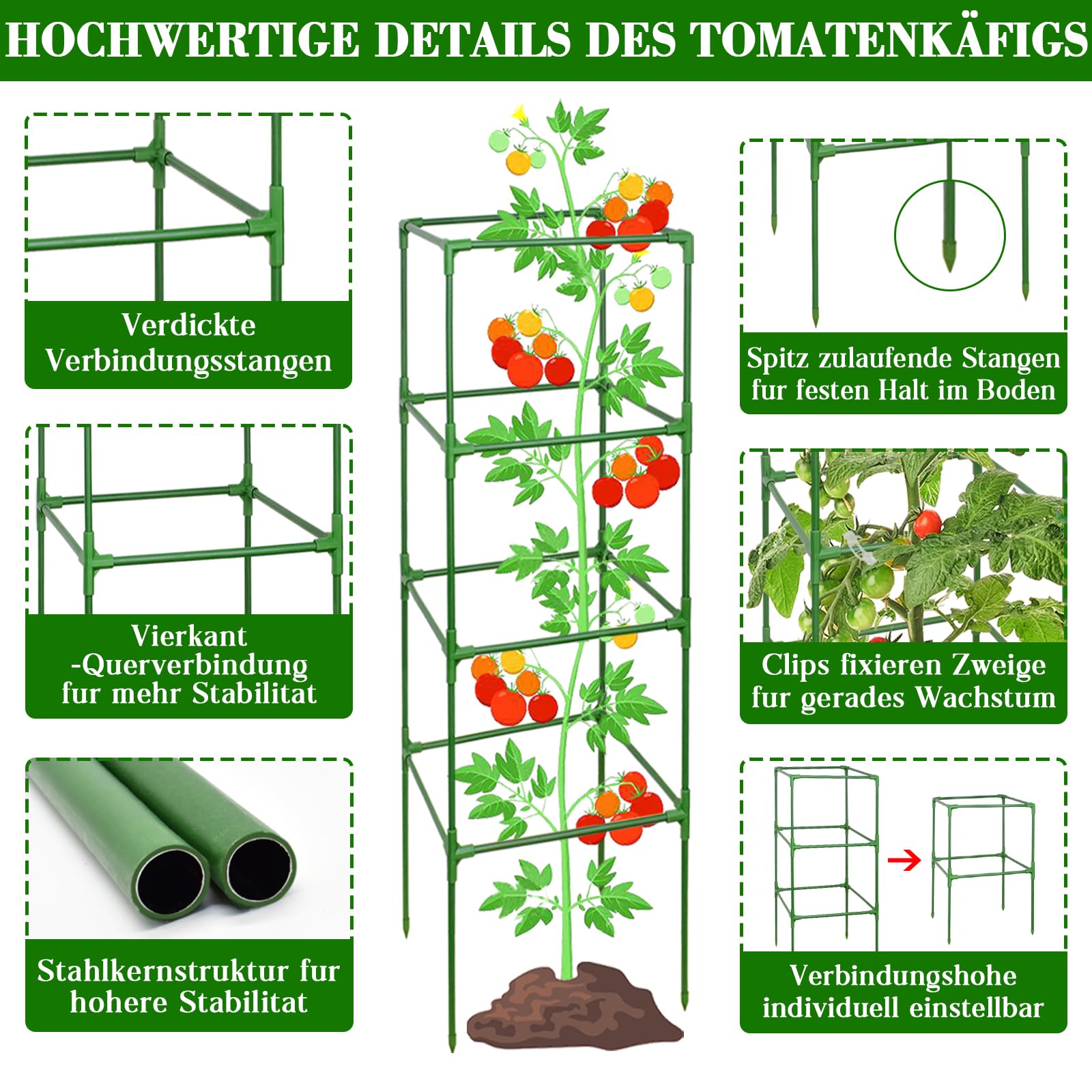 ZeeDix 6 Stück Tomaten Rankhilfe, 151cm Höhenverstellbare Rankhilfe