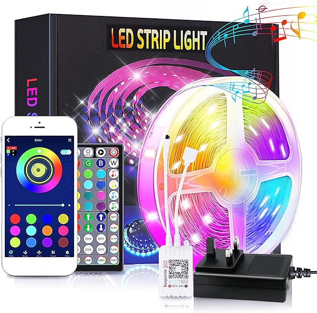 SCOOLR LED Strip Lights 15m for Bedroom Ceiling, Remote & App Control, Bluetooth RGB Music Sync Colour Changing Mood Strip Light