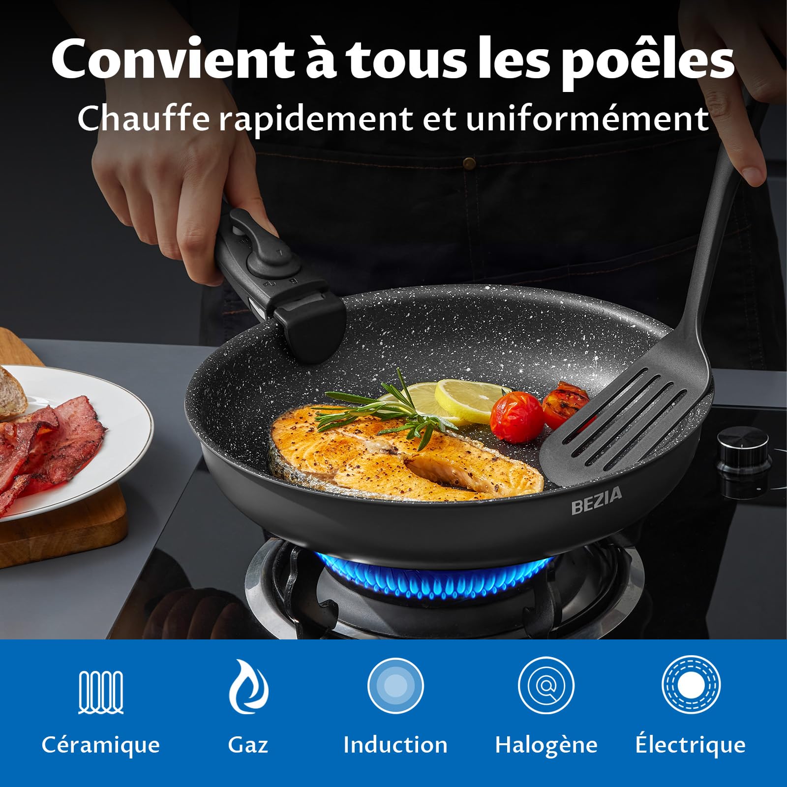 BEZIA Batterie de Cuisine Induction, 10 Pièces Set de Casseroles et Poêles | Revêtement Antiadhésif Sans PFOA, Non Toxique, Compatible Induction, Poignées Amovibles, Empilable, Pour le Camping