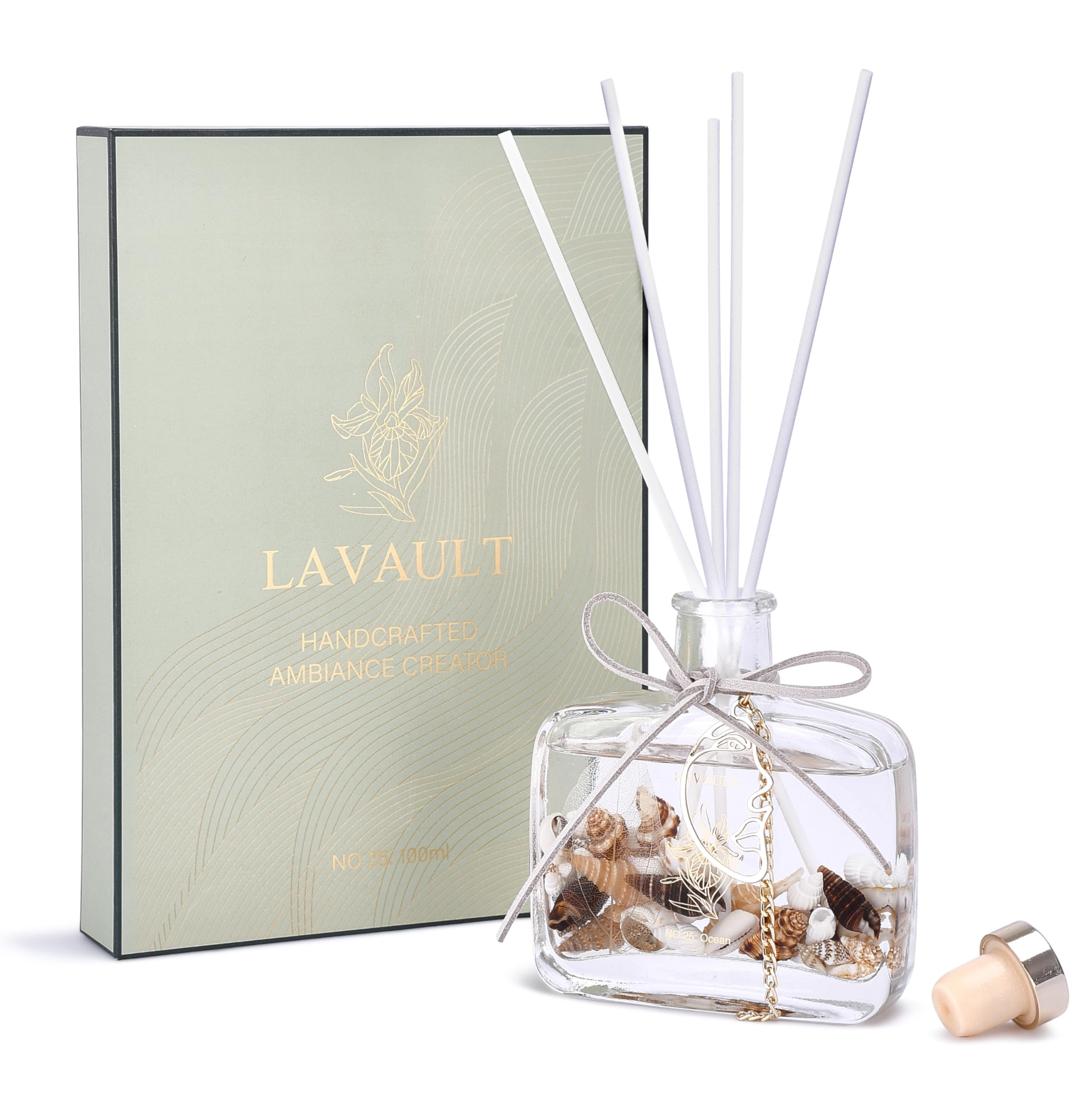 Reed Diffuser with Shells – 100ml – 1 Unit – Coffee Scent – Natural Long-Lasting Home Fragrance with Real Dried Flowers – Elegant Air Freshener & Aromatherapy Decor – Flame-Free & Handcrafted