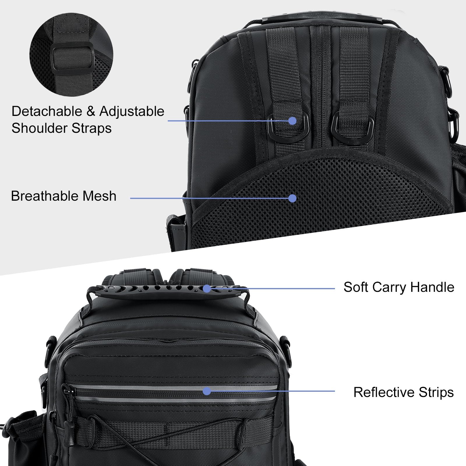 MoKo Sac à dos de pêche avec support pour canne à pêche et équipement, sac de rangement des accessoires en nylon imperméable pour le camping, la randonnée, la chasse, Noir