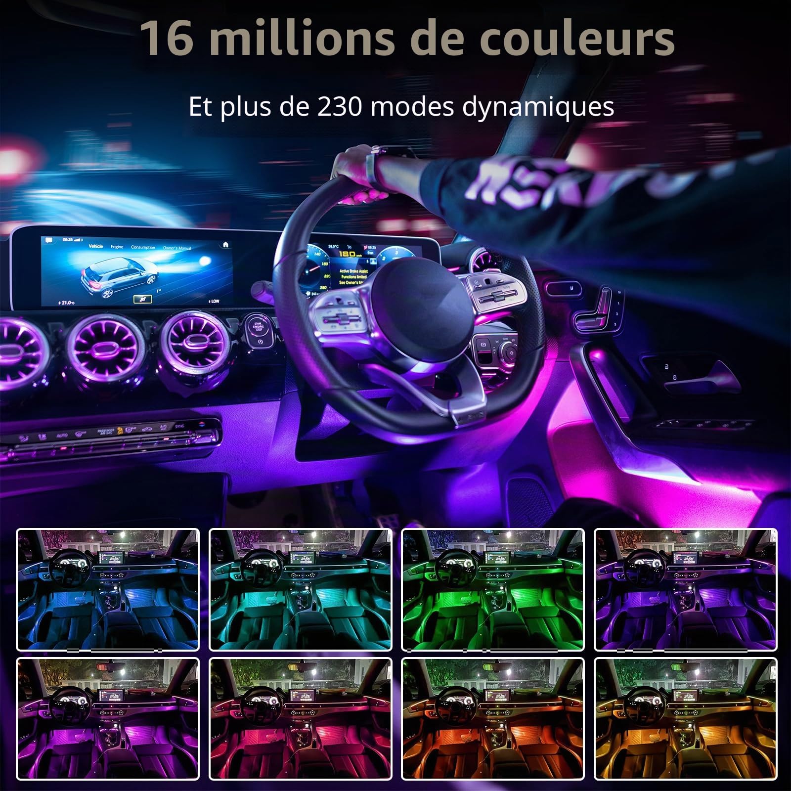 Éclairage LED Intérieur Voiture RGB, Kit de 6 Bandes Lumineuses 445 cm avec 584 LEDs, 16 Millions de Couleurs, 210 Effets, port USB, contrôle musical, APP & télécommande, Lumière d’Ambiance Auto