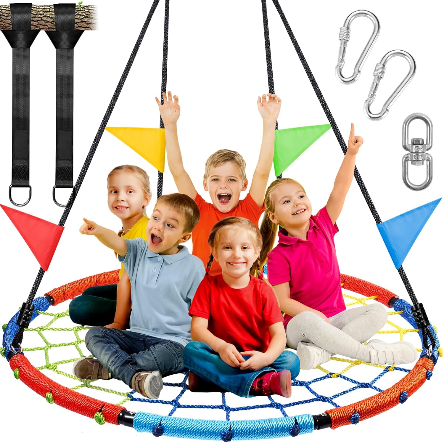 Odoland Spider Web Tree Swing, Outdoor Saucer Net Swing, 900D Oxford Platform Swing for Kids Adult, Backyard Round Flying Swing with Hanging Ropes Straps and Turnbuckle 43in Color