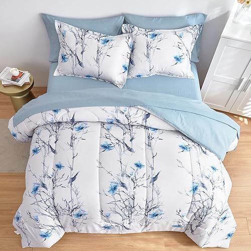Miniatura 10 de 6 Pieces Bed in a Bag Twin Comforter Set with Sheets, Green Leaves on White Botanical Design Bedding Sets for Kids (1 Comforter, 2 Pillow Shams, 1