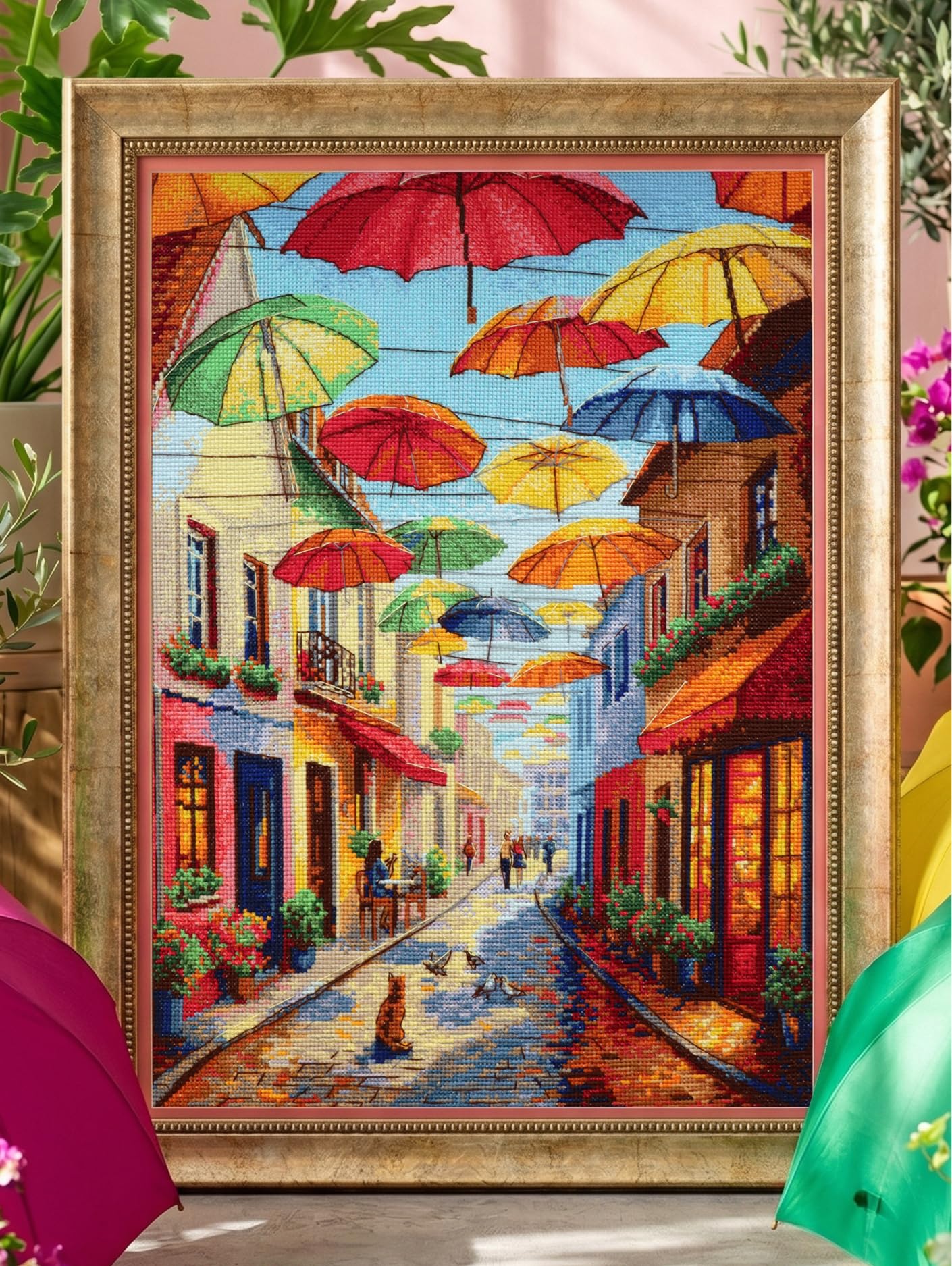 RIOLIS Colorful Umbrellas 2335 - Kit de punto de cruz contado, diseño colorido de escena callejera, kit de bordado de 11.75 x 15.75 pulgadas para adultos, kit de manualidades de costura para
