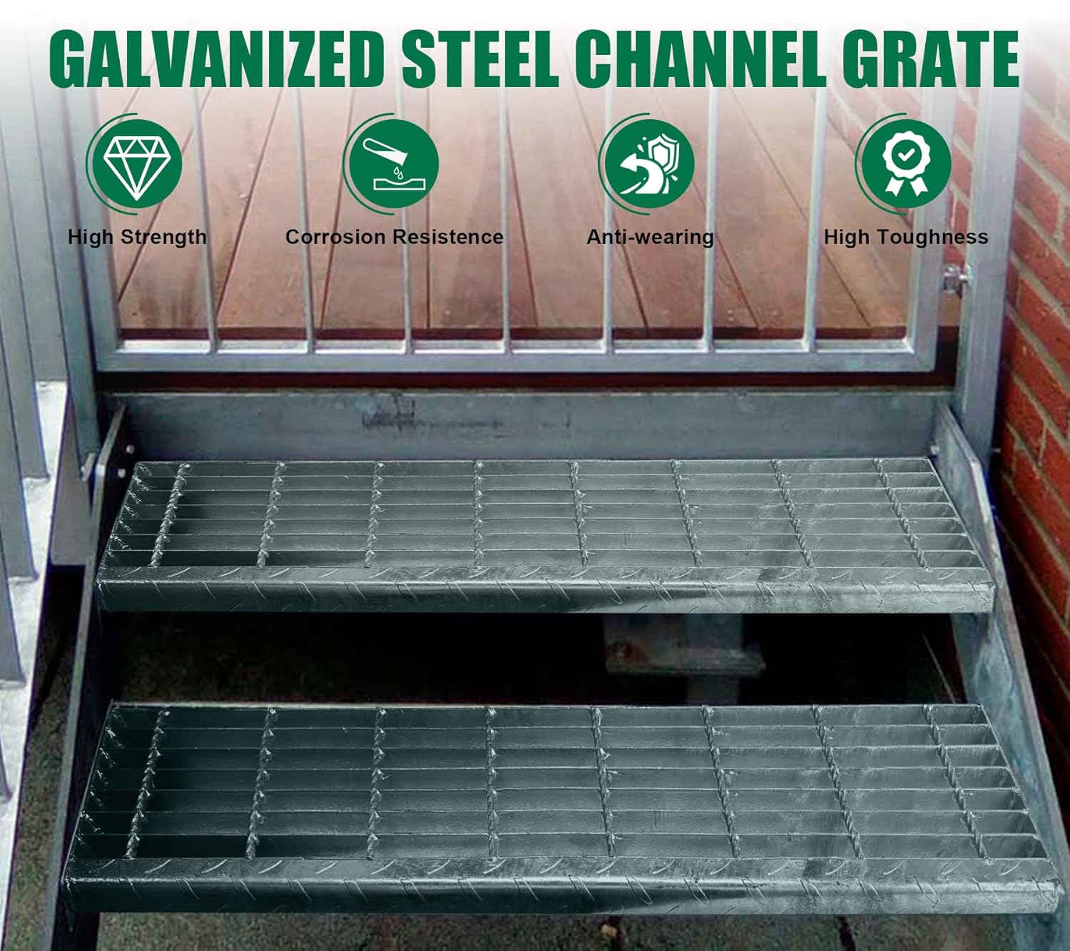 Galvanized Steel Stair Tread-31.5x9.4in Metal Bar Grating Stair Tread,Stair System for Sporting Facility,Amusement Park,Chemical Facility, Water Treatment Facility