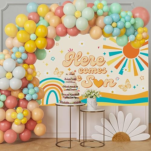 Miniatura 6 de Mocsicka Banner bohemio para baby shower con texto en inglés Here Comes the Sun, decoración de fiesta de baby shower, para fotografía, decoración de
