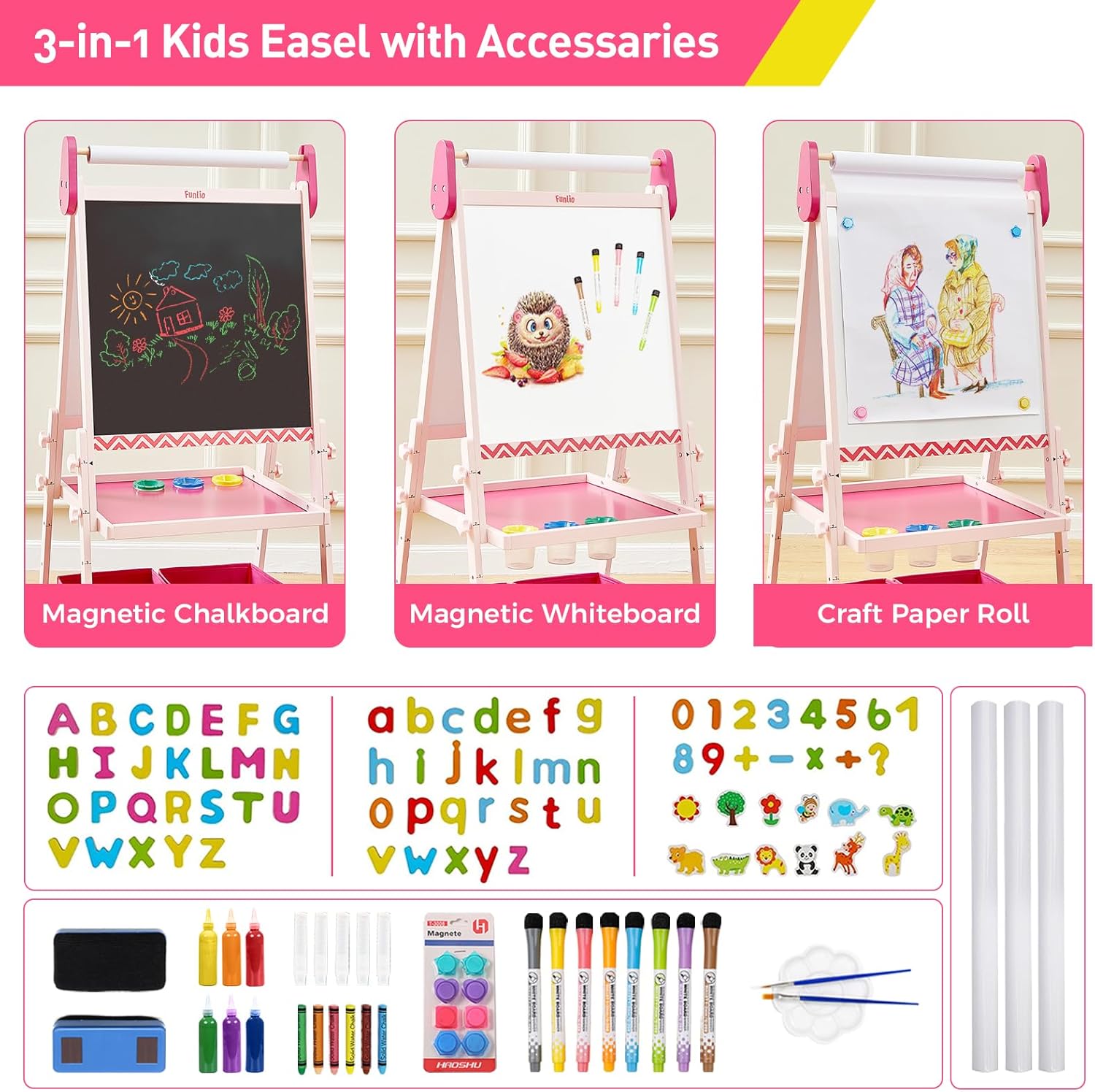 FUNLIO Art Easel for Kids Aged 3-8, Anti-Warp Board & Erasable Frame, Toddler Painting Easel with Magnetic Chalkboard/Whiteboard, 3 Height Adjustable, All-in-One Standing Easel with Paper Roll-Pink