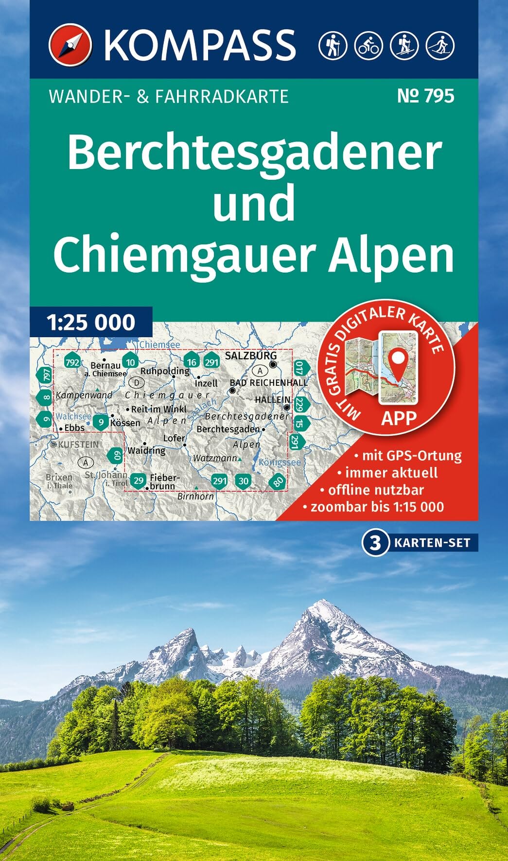 KOMPASS Wanderkarten-Set 795 Berchtesgadener und Chiemgauer Alpen (3 Karten) 1:25.000: Wander- und Fahrradkarte in einem - inklusive ... & Radwege. Skitouren. Langlaufen. Reiten.
