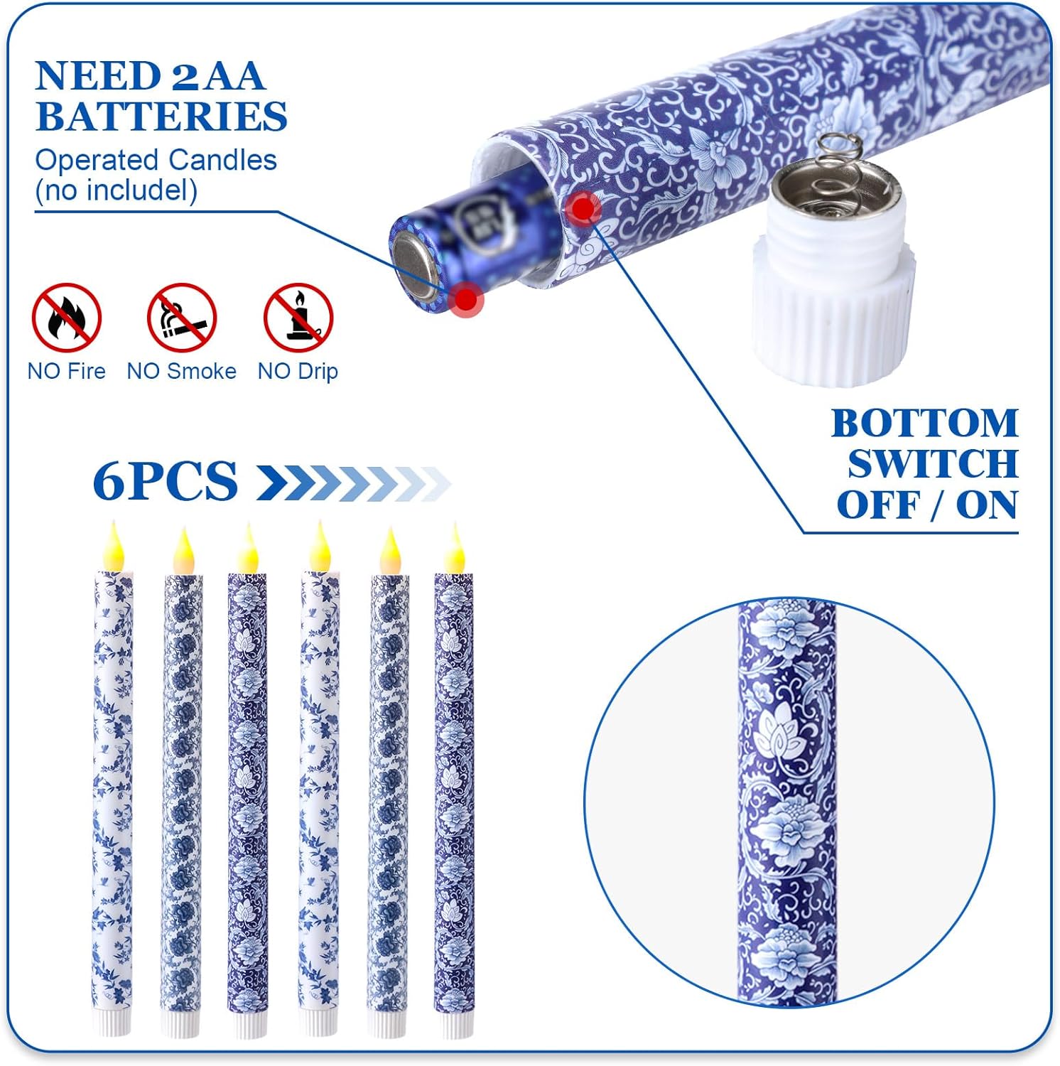 Baquler 6 Pcs Chinoiserie Flameless Candles 10.6 Inch Blue and White Battery Operated Led Candlesticks Chinoiserie Decor Porcelain for Holiday, Wedding, Party Table Centerpiece Home Decor