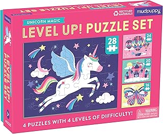 Mudpuppy Unicorn Magic Level Up! Puzzle Set from Mudpuppy, Includes 4 Jigsaw Puzzles with 16 – 28 Pieces, Features Enchanting and Magical Unicorns, Perfect for Ages 3+