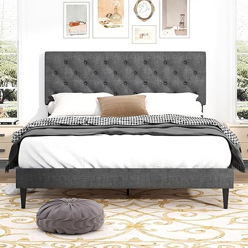 Miniatura 27 de BarnFurin Base de cama Queen, plataforma tapizada con cabecera capitoné con botones, camas de tela tamaño Queen con soporte de listones de madera,