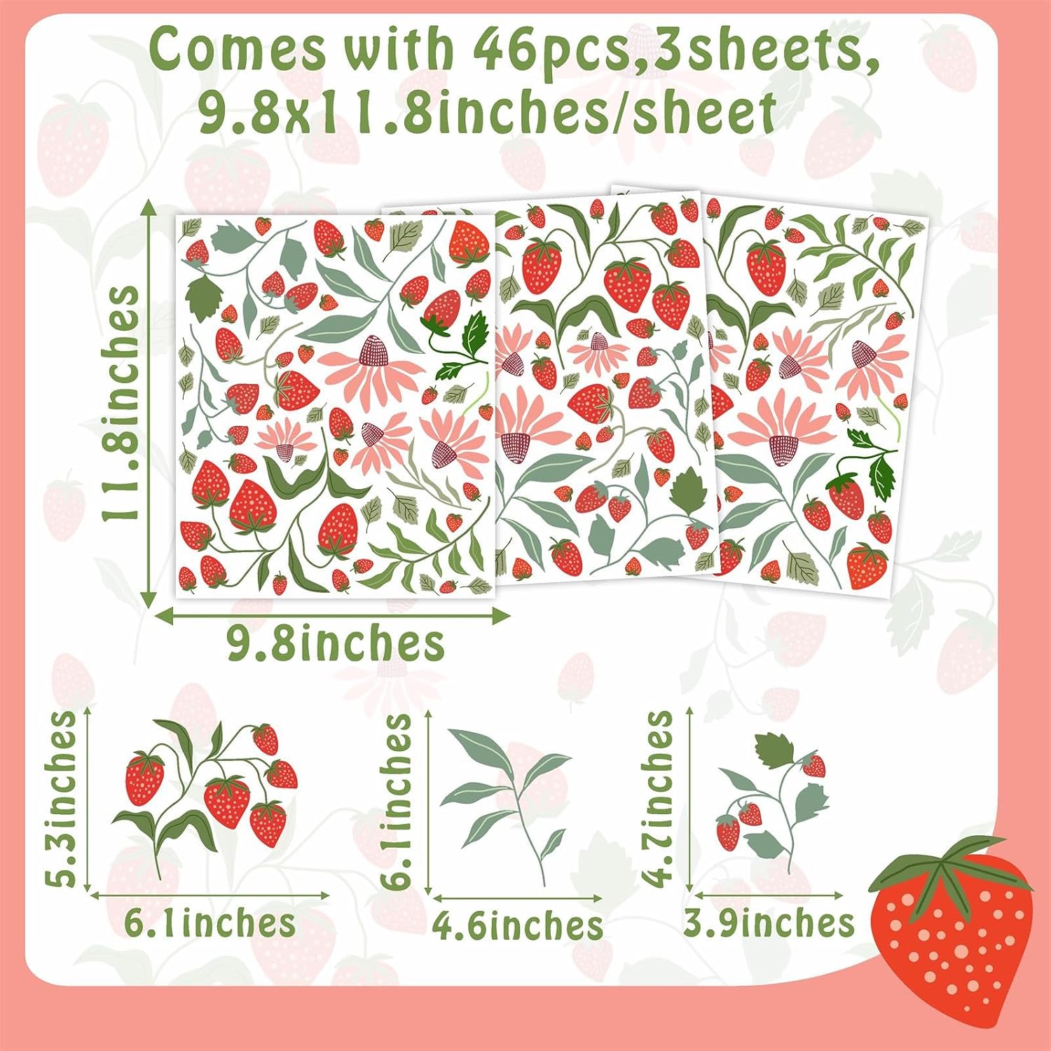 Strawberry Wall Decals Berry Fruit Wall Stickers Floral Leaf Fruits Leaves Stickers Cute Strawberries Wall Sticker Removable Berries Strawberry Decals for Nursery Girls Room Bedroom Decor