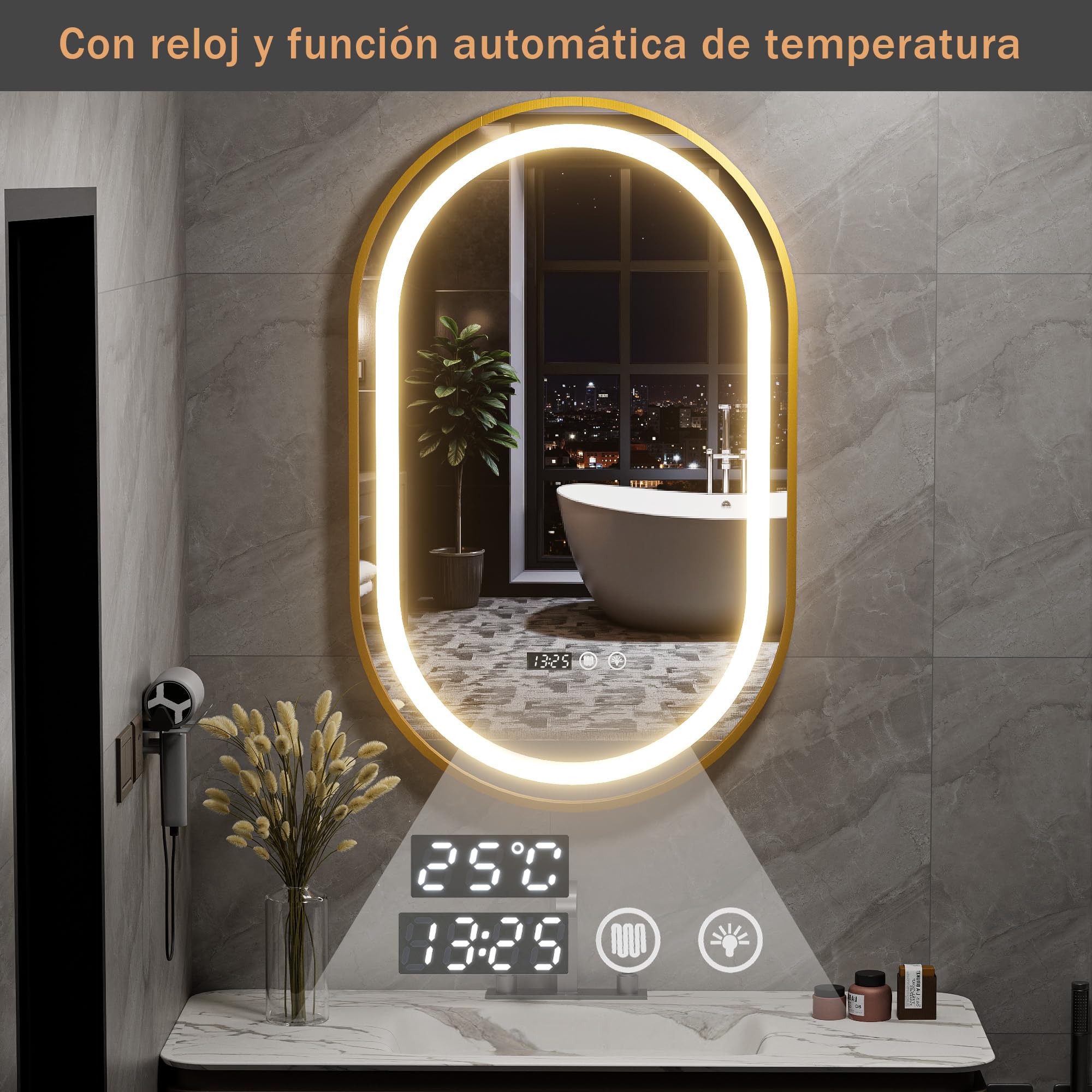 Espejo Baño con Luces y Función de Desempañado 50x80 cm Ovalada LED Espejo de Pared con Reloj y Pantalla de Temperatura para Baño (Enchufe- EU)
