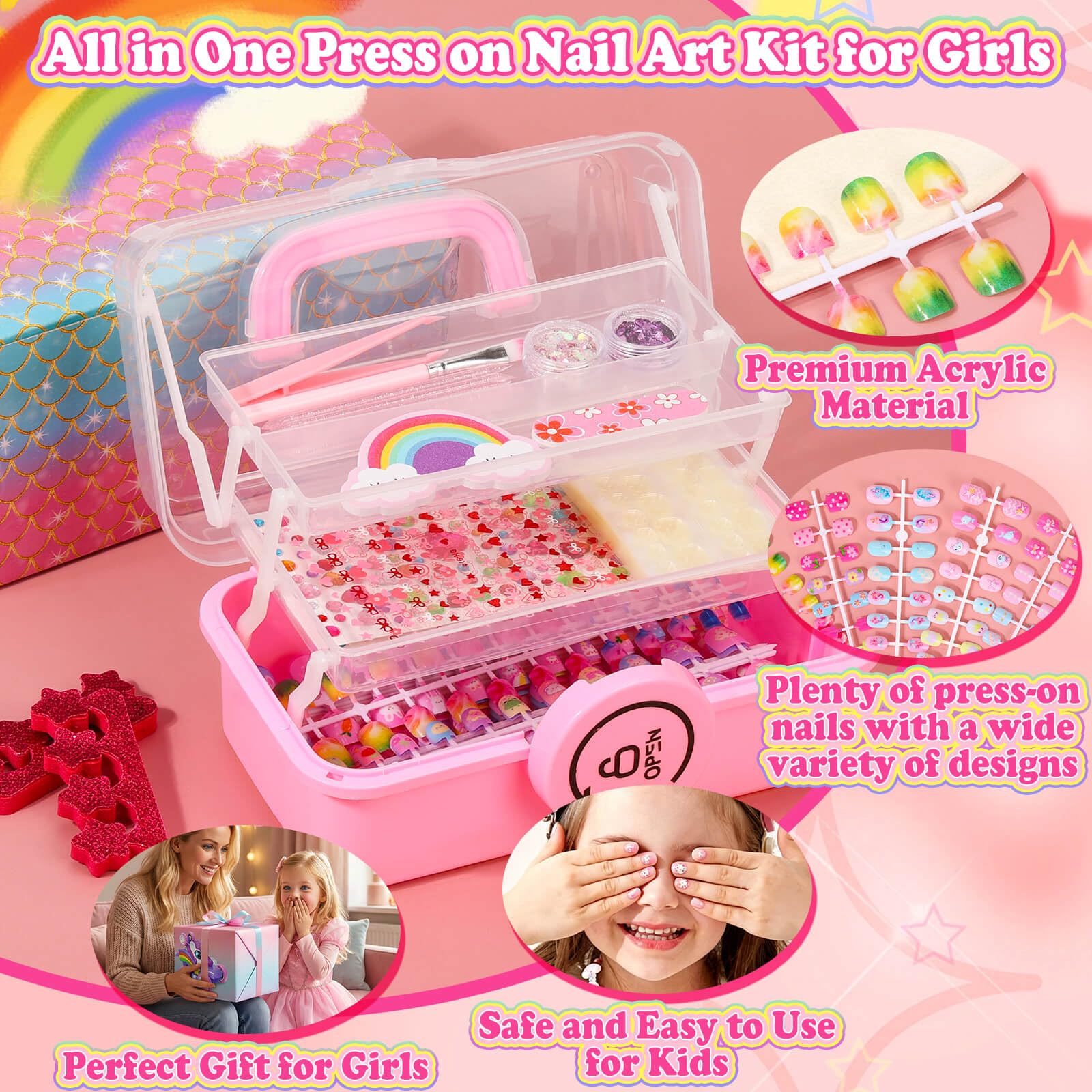 Kids Press-On Nail Art Kit with Glue, Remover and Storage Case