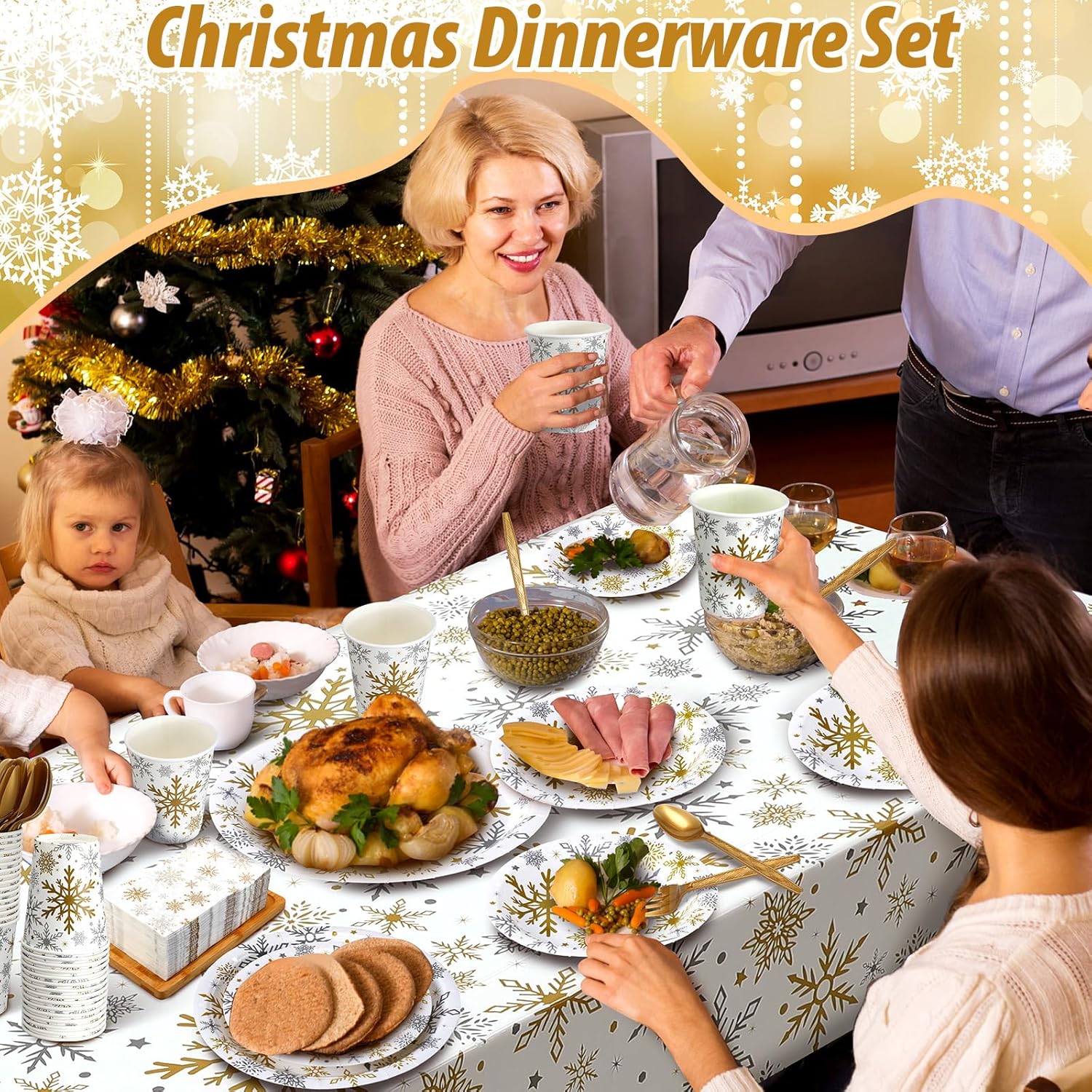 Dandat 402 Pcs Christmas Plates and Napkins Party Supplies Disposable Christmas Table Dinnerware Set Party Plates Napkins Cups Tablecloth for Holiday Xmas(Silver Gold,Snowflake)