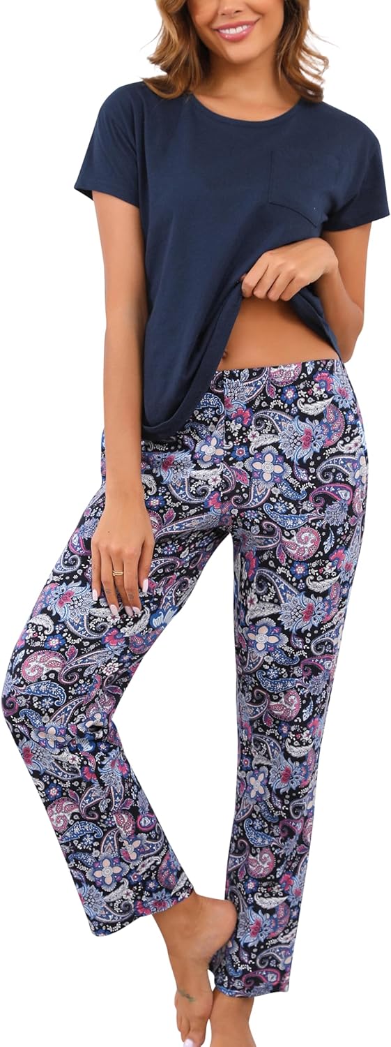 PNAEONG Womens Pajama Sets Cotton Lounge Sets for Women Short Sleeve Top With Pants 2 Piece pj sets With Pocket