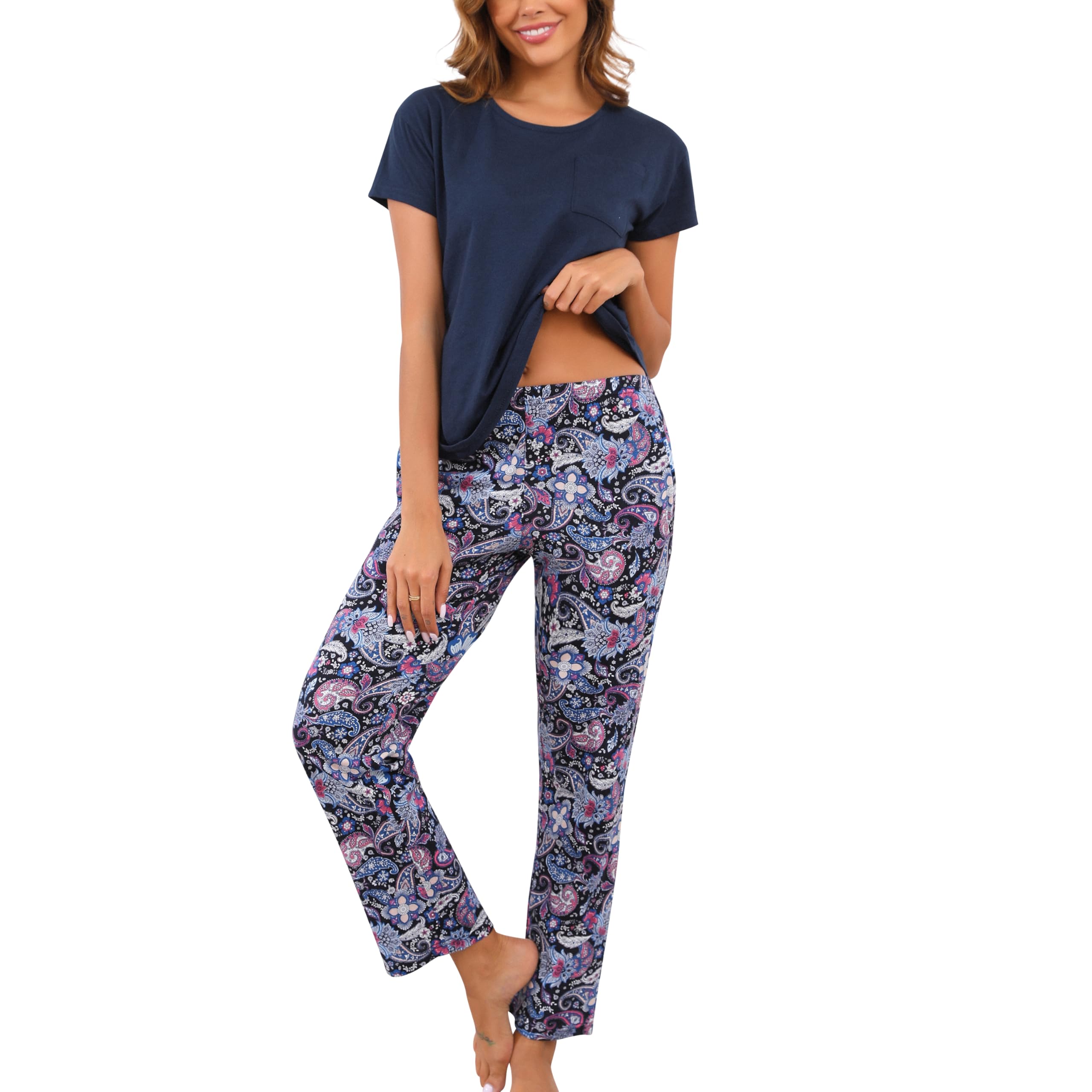 PNAEONG Women's Cotton Pajama Sets for Short Sleeve Top and Pants
| PNAEONG Women's Cotton Lounge Sets with Pocket
| PN 