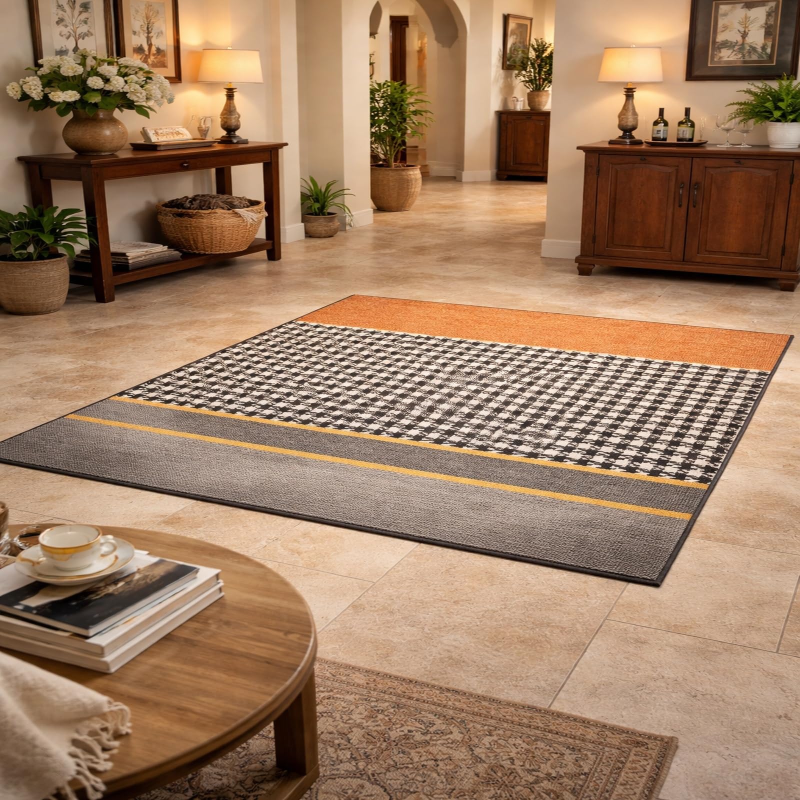 Tapis anti-glisse lavable 120x180cm orange style vintage géométrique