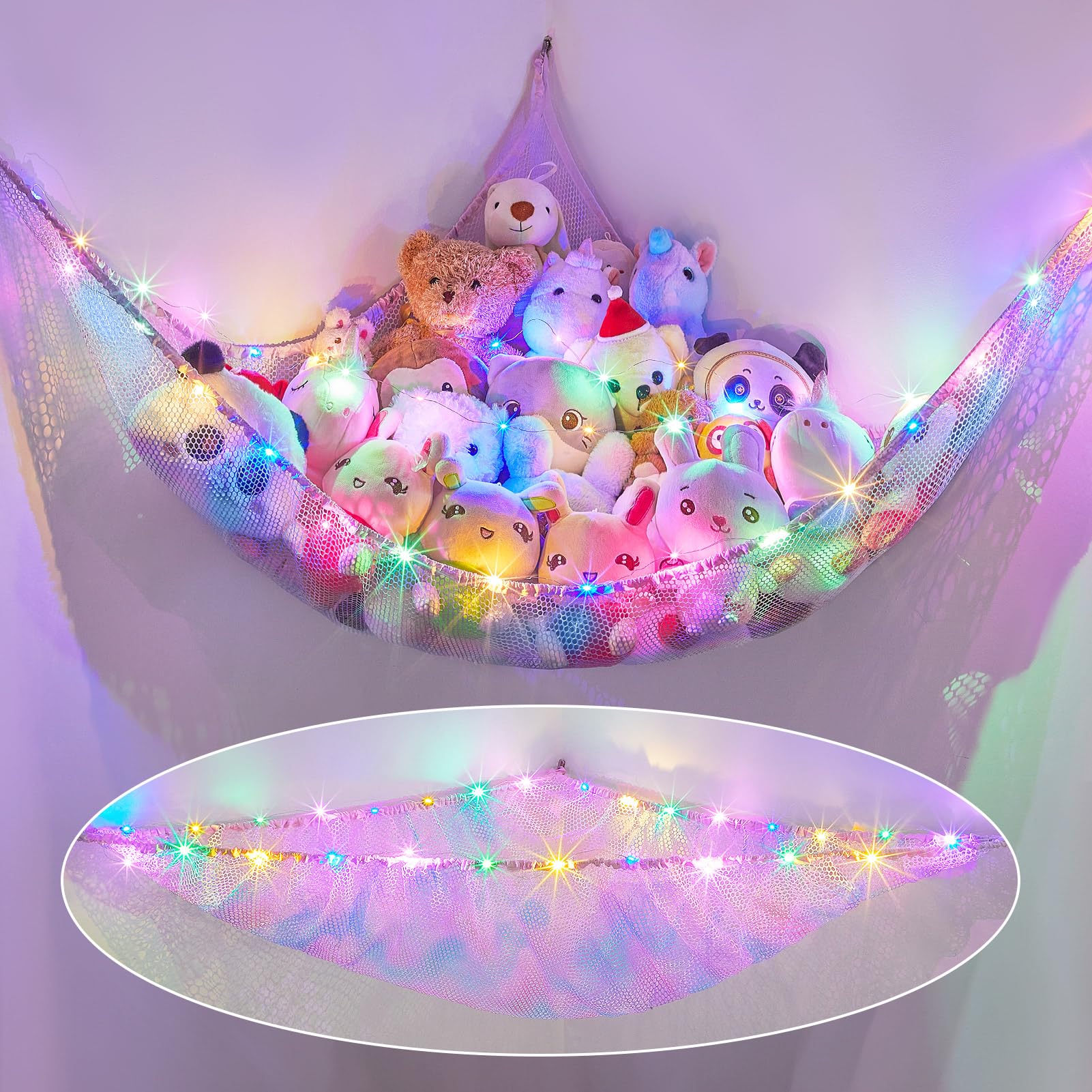 BeinouStuffed Animals Hammock Corner Led Light Stuffed Animals Storage Hanging Plushie Net Kids Toy Storage Organizer Stuffed Animals Holder Room Decor