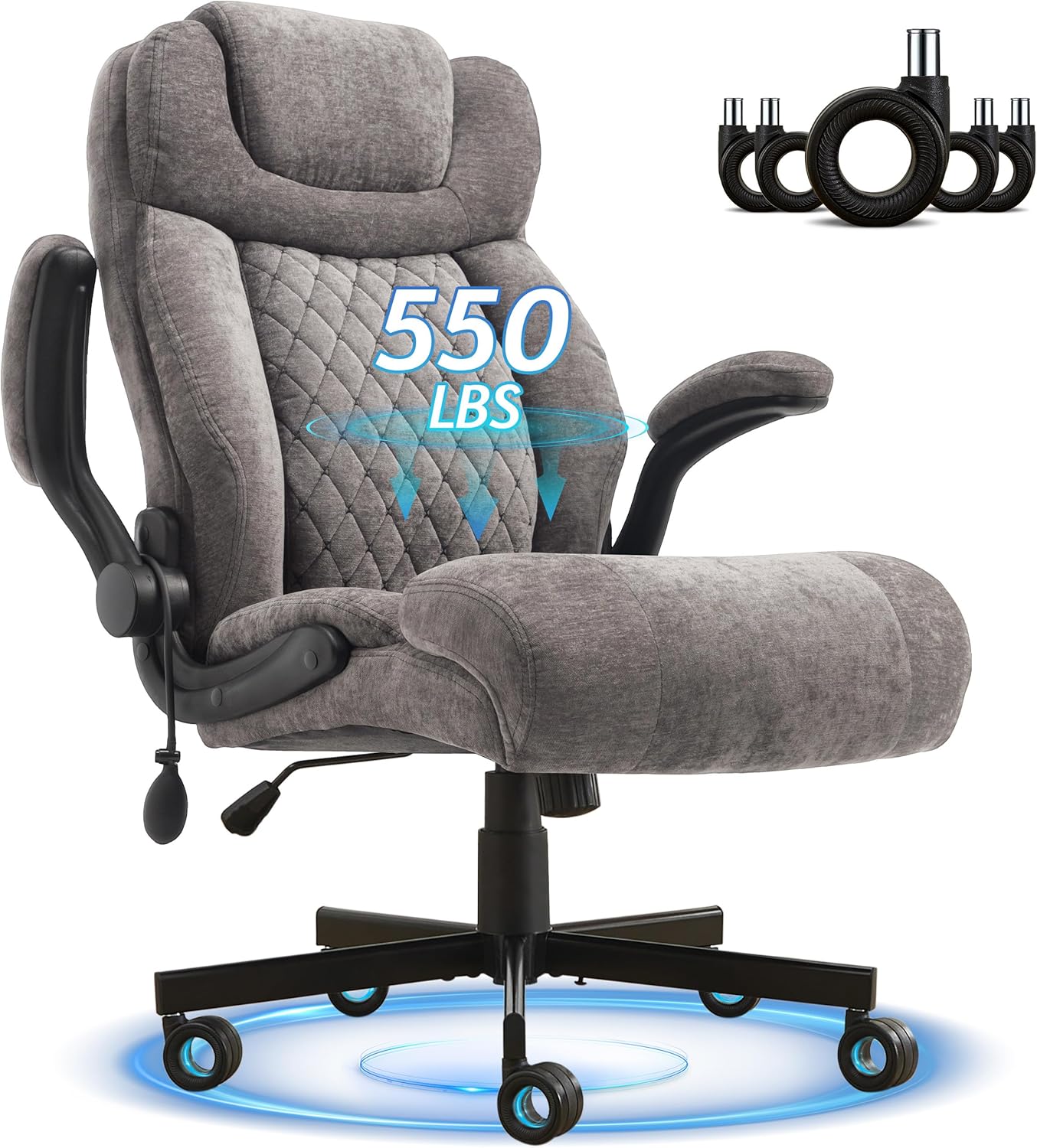 550LBS Big and Tall Office Chair with Air-Adjust Lumbar Support For Back Pain,Breathable Fabric Desk Computer Chair Double Space Casters Safe for All Floors,Wide Cushion Executive Home Office Chair