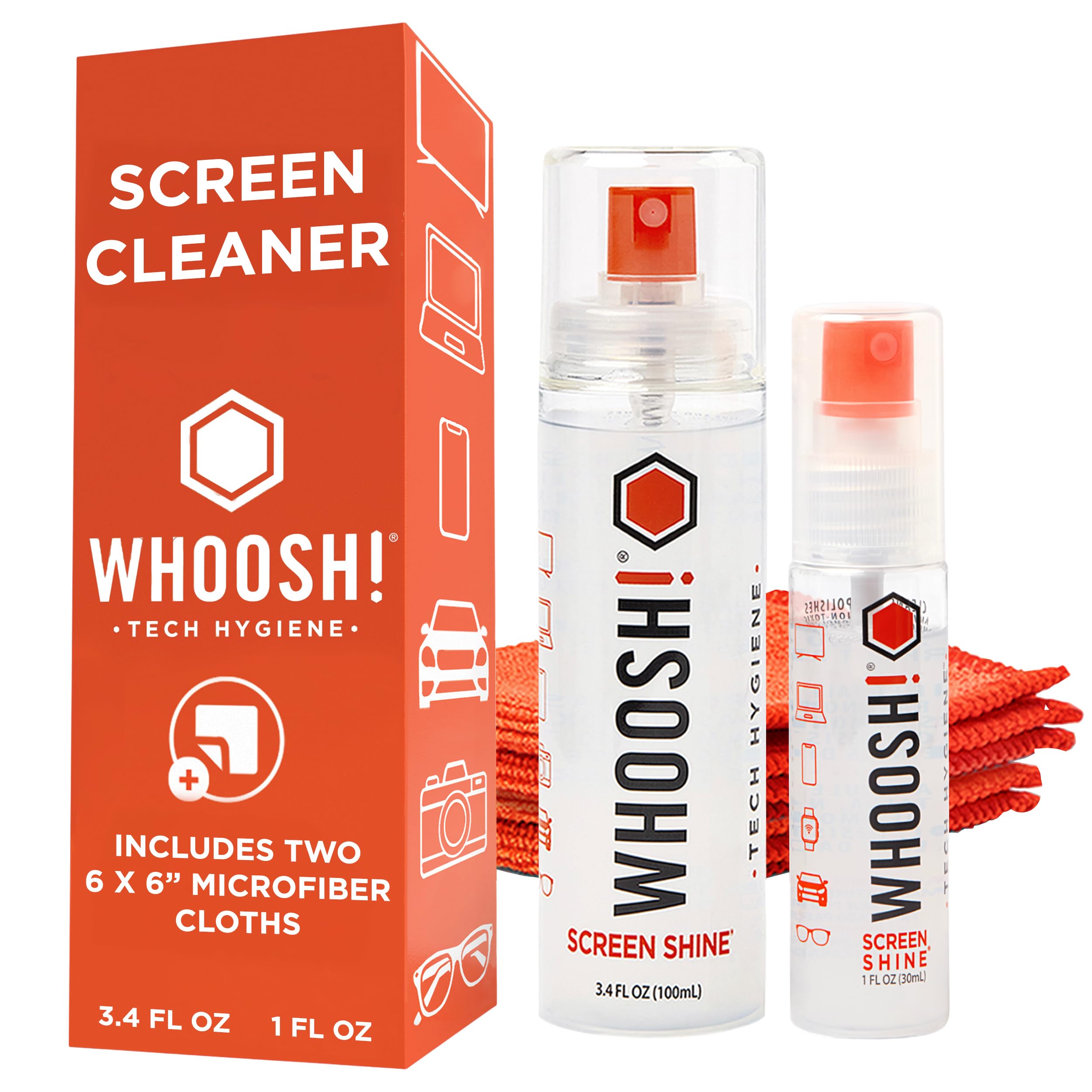Screen Shine Duo XL Keyboard Cleaning Kit - 100 mL + 30 mL Leak Free Bottles for Office & Travel with 2 Microfiber Cloths - Fingerprint & Smudge Removal for Car Screens, TV, MacBook & Glasses