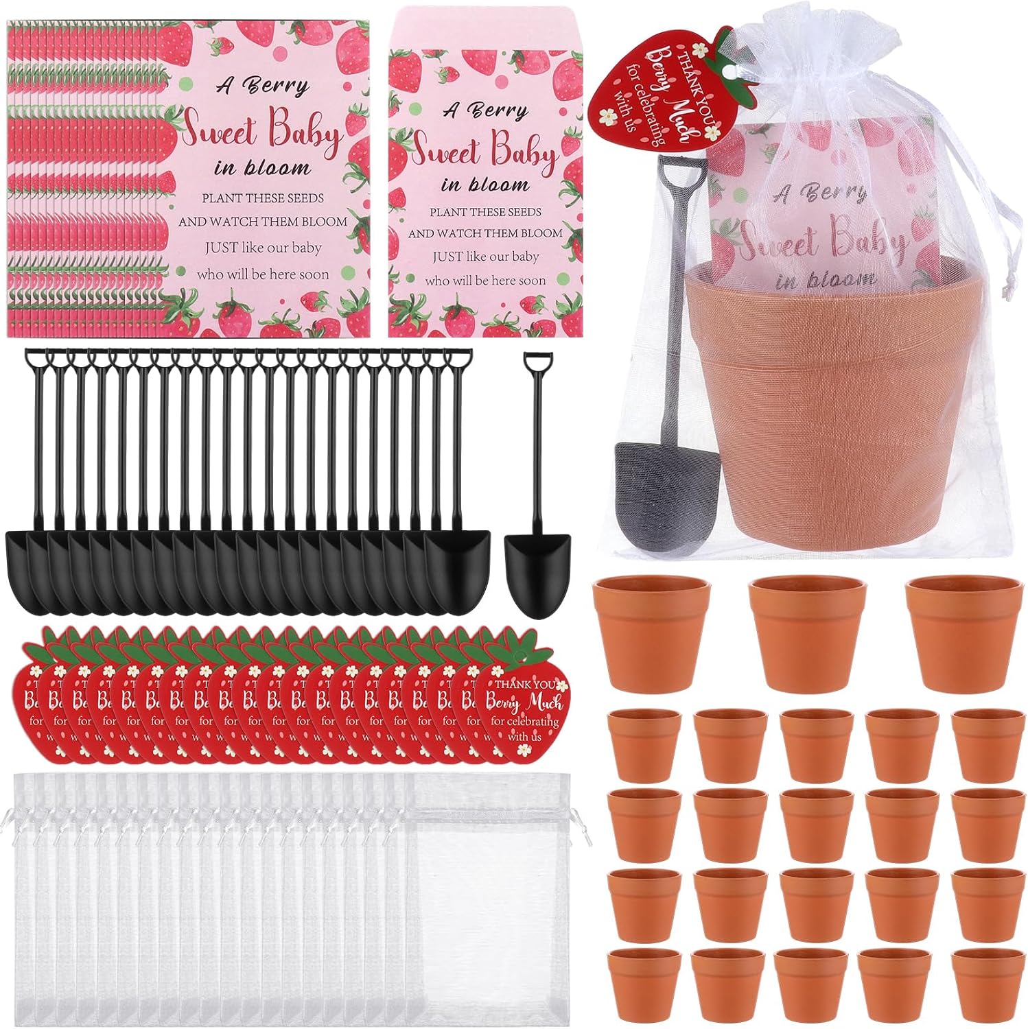 50 Sets Strawberry Baby Shower Favors for Guests A Berry Sweet Baby in Bloom Theme Includes Mini Terracotta Flower Pots Envelopes Thank You Cards Mini Shovels Organza Bags for Gender Reveal Party