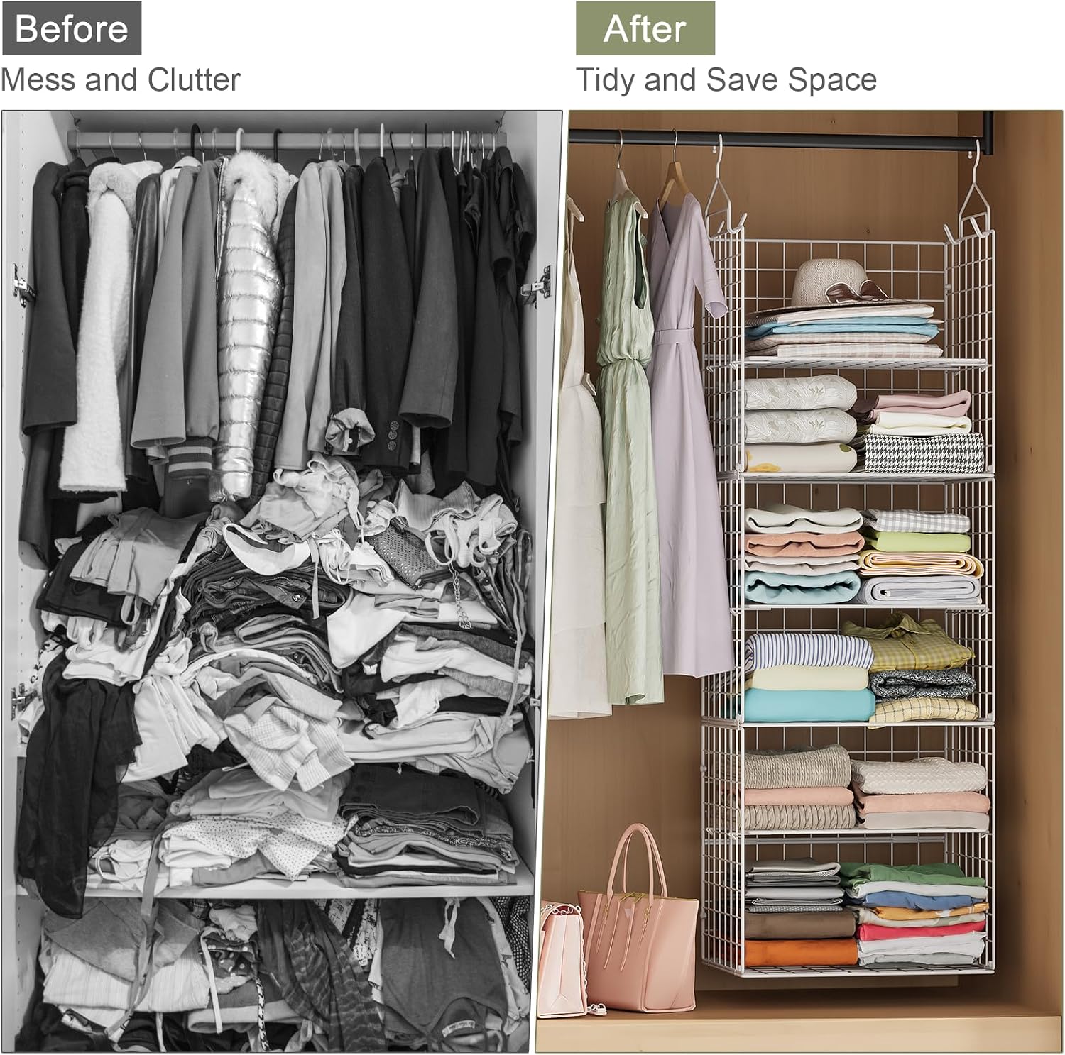 X-cosrack 8-Tier Closet Hanging Organizer Shelf - Hanging Clothes Organizer Shelves, Metal & Foldable Hanging Closet Organizer Baskets with Adjustable Dividers for Clothing Sweaters Shoes Handbags