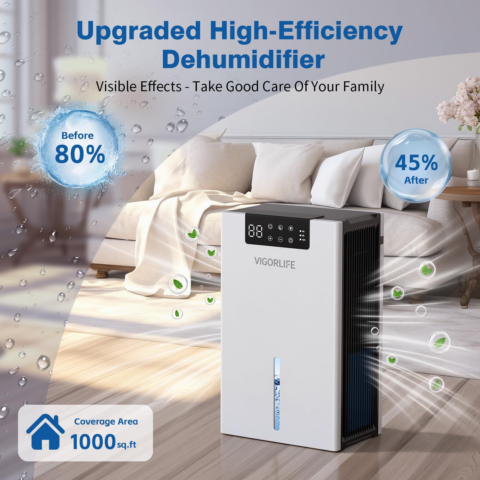 Deumidificatore elettrico, silenzioso, 2800 ml, con sbrinamento automatico, timer e display LED, 7 colori, assorbitore di umidità per casa, guardaroba e ripostiglio (Bianco)