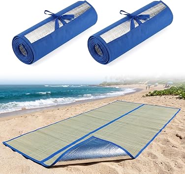 U0U 70x31.5inch Straw Beach Mat with Heat Insulation Aluminum Film,Foldable Breathable Natural Straw Mat for Insulate Beach Heat and Beach Picnic Camping Tent Crawling Yoga