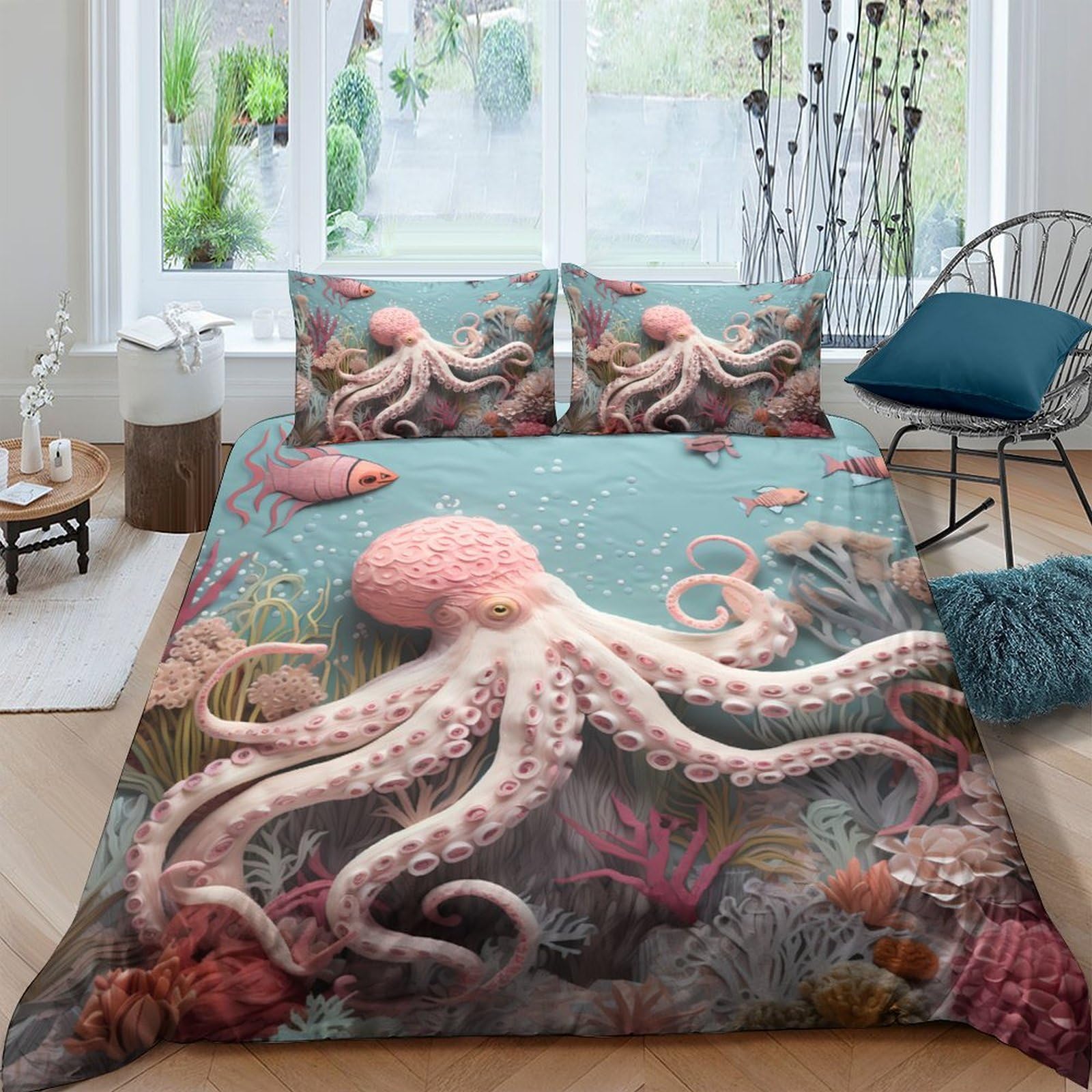 Ctjqhvkz Style-5 3D Printed Octopus Coral Reef Fitted Sheet Microfiber Soft Non Slip Mattress Cover Bedroom Guest Room Decor Single（135X200cm）