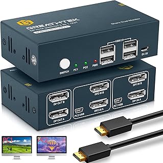 DisplayPort KVM Switch Dual Monitor DP 4K@60Hz, 2 Computers Share 2 Monitors Extended Display, KVM Switch 2 Port with 4 USB 2.0 Port, Support Button Switch, with 4 DP and 2 USB Cables