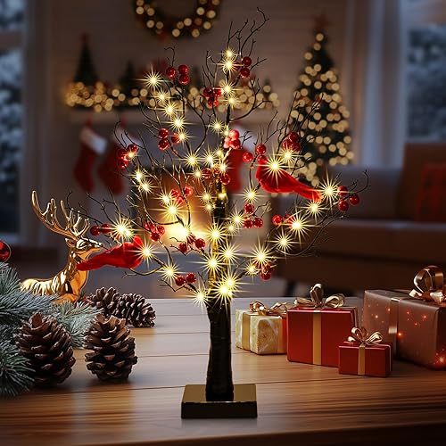 Árbol de mesa vintage brillante de 21 pulgadas con cardenales, decoración de Navidad, tira de luces LED con, lámpara de árboles parpadeantes con
