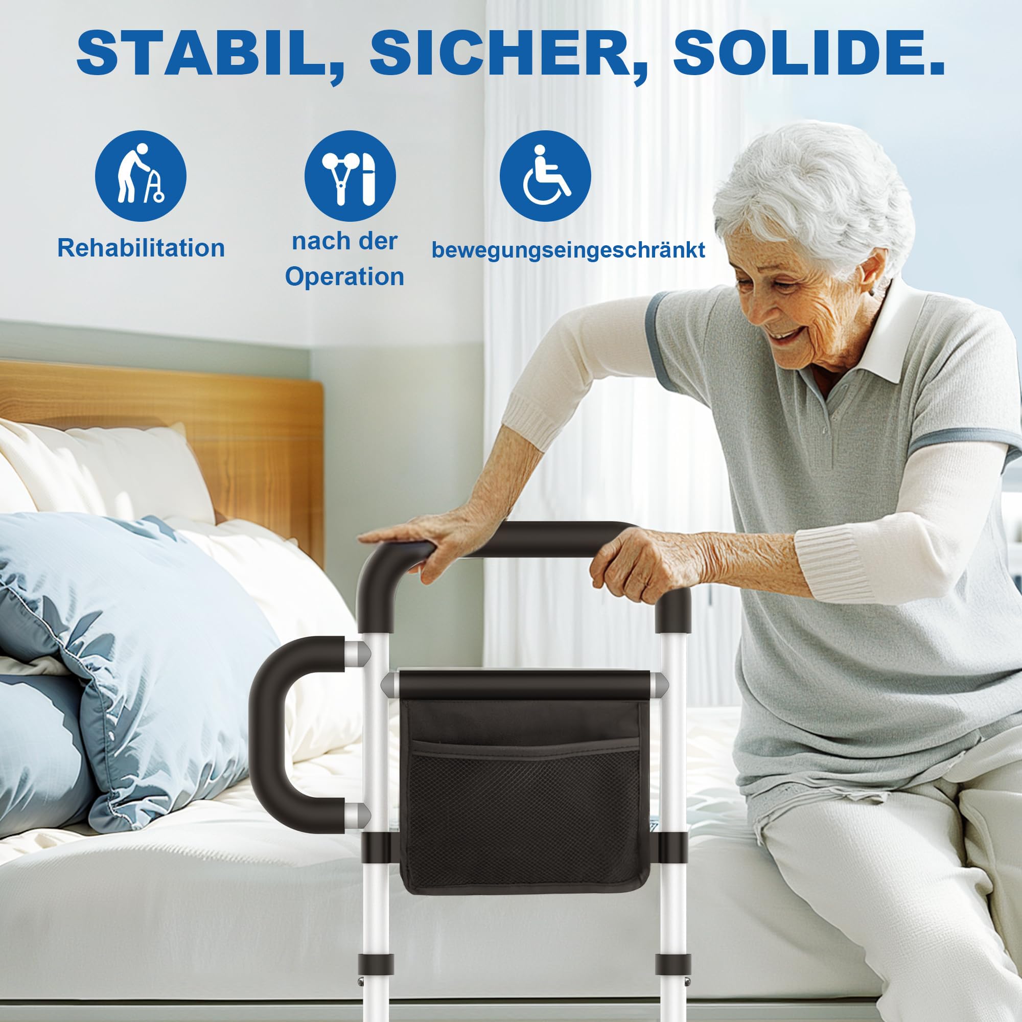 Aufstehhilfe Bett,Haltegriffe für Senioren,Bett Einstiegshilfe Höhenverstellbar 160kg,Abnehmbare Armlehnen & Sicherheitsgurte für alle Arten von Betten | Mit Sturzprophylaxe+Aufbewahrungstasche