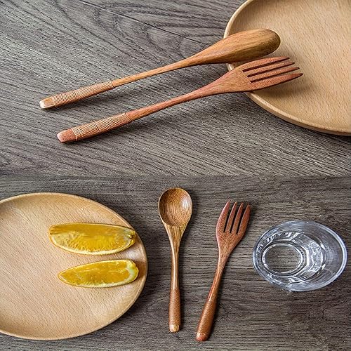 Miniatura 4 de XMHF Juego de vajilla japonesa de madera de 9 pulgadas, cubertería de madera natural, 3 cucharas y 3 tenedores (línea de amarre marrón)