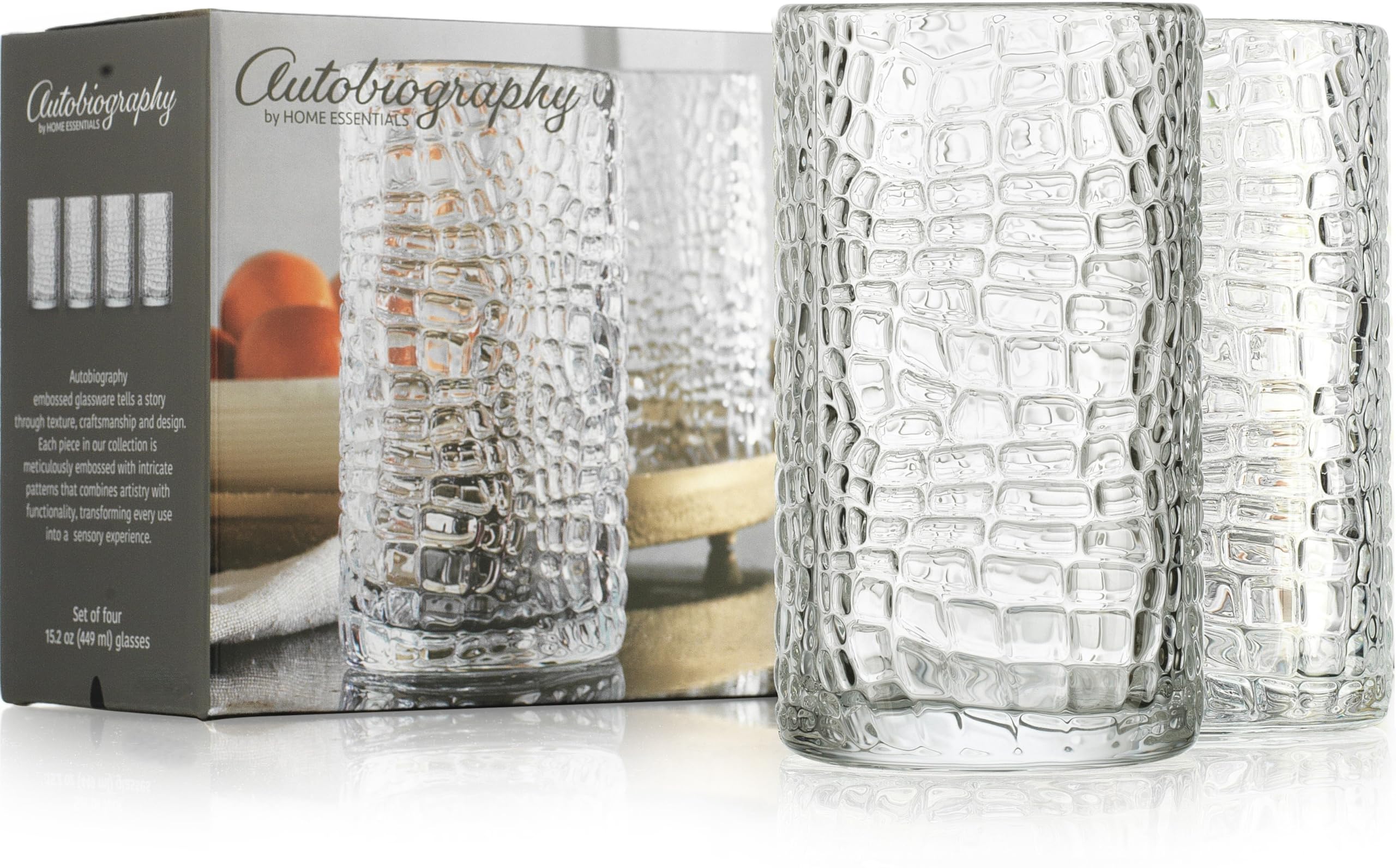 Glavers Highball Drinking Glasses Set of 4 Clear 15 Ounce Patent Crackle Design Textured Drinking Glasses Heavy Duty