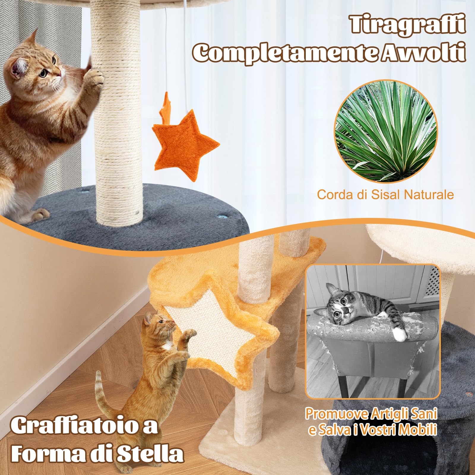 GYMAX Albero per Gatti, Torre Multilivello con Tiragraffi, Pannelli Tiragraffi a Forma di Stella e Luna, Torre per Arrampicata in Morbido Peluche con Piattaforma Superiore, Condominio per Gatti