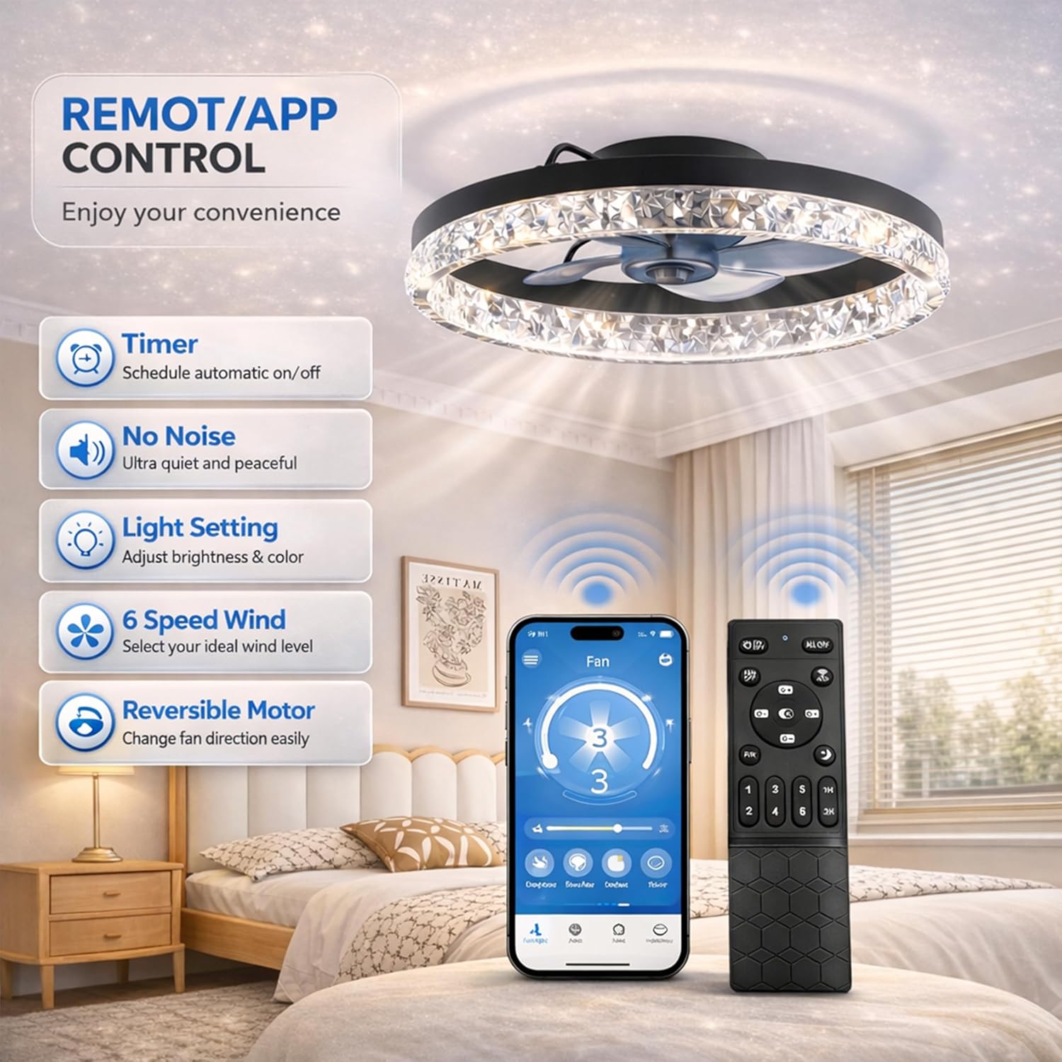 InfiniPower Low Profile Ceiling Fans with Lights and Remote 20in Ceiling Fan with Light 3000-6000K Dimmable with 6 Wind Speeds Flush Mount Fandelier LED Fan Modern Smart for Bedroom, Crystal