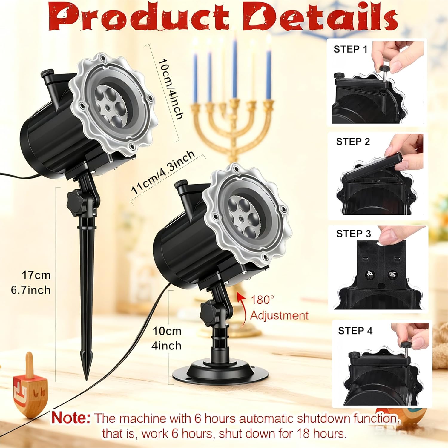 Hanukkah Projector Lights Outdoor with 4 Film Slides, LED Menorah Projection Lamp Waterproof Rotating Holiday Decorative Light for Home Yard Garden Party Decor